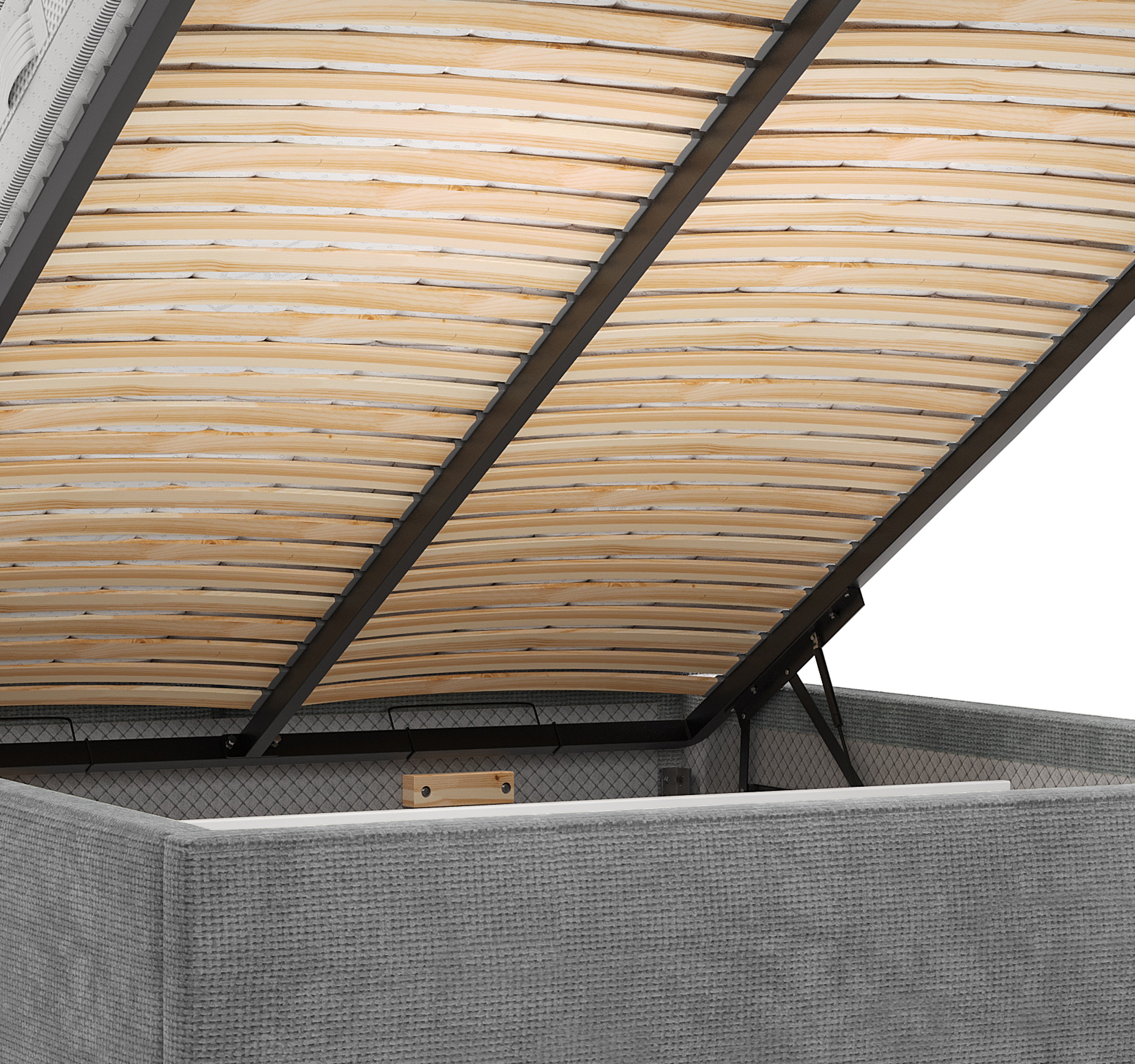 Lit coffre Arbre-Sec 180x200 en tissu chenille gris Paname Avenue, zoom sur le mécanisme de levage