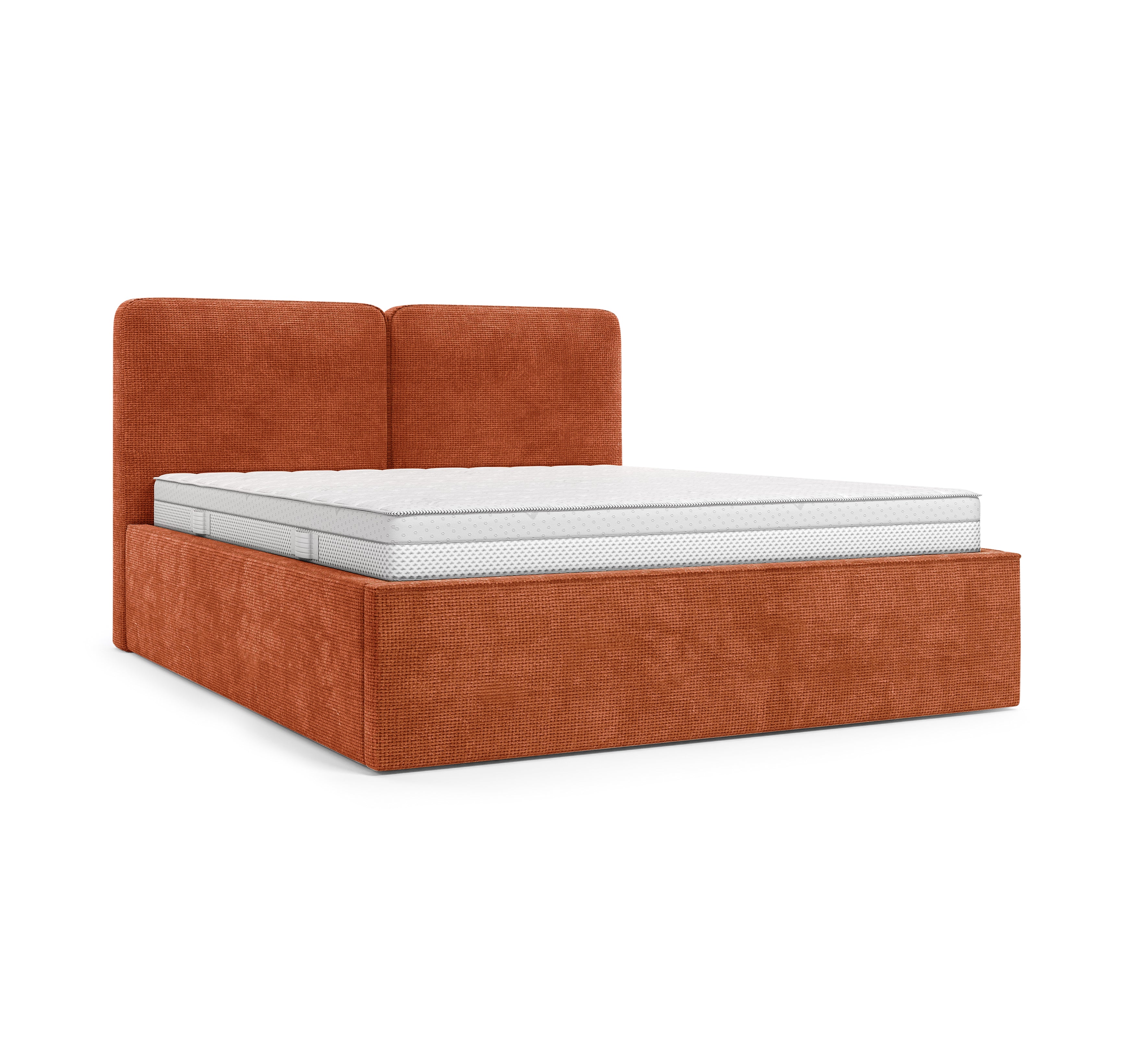 Lit coffre Arbre-Sec 180x200 en tissu chenille terracotta Paname Avenue, vue trois-quarts sur fond blanc
