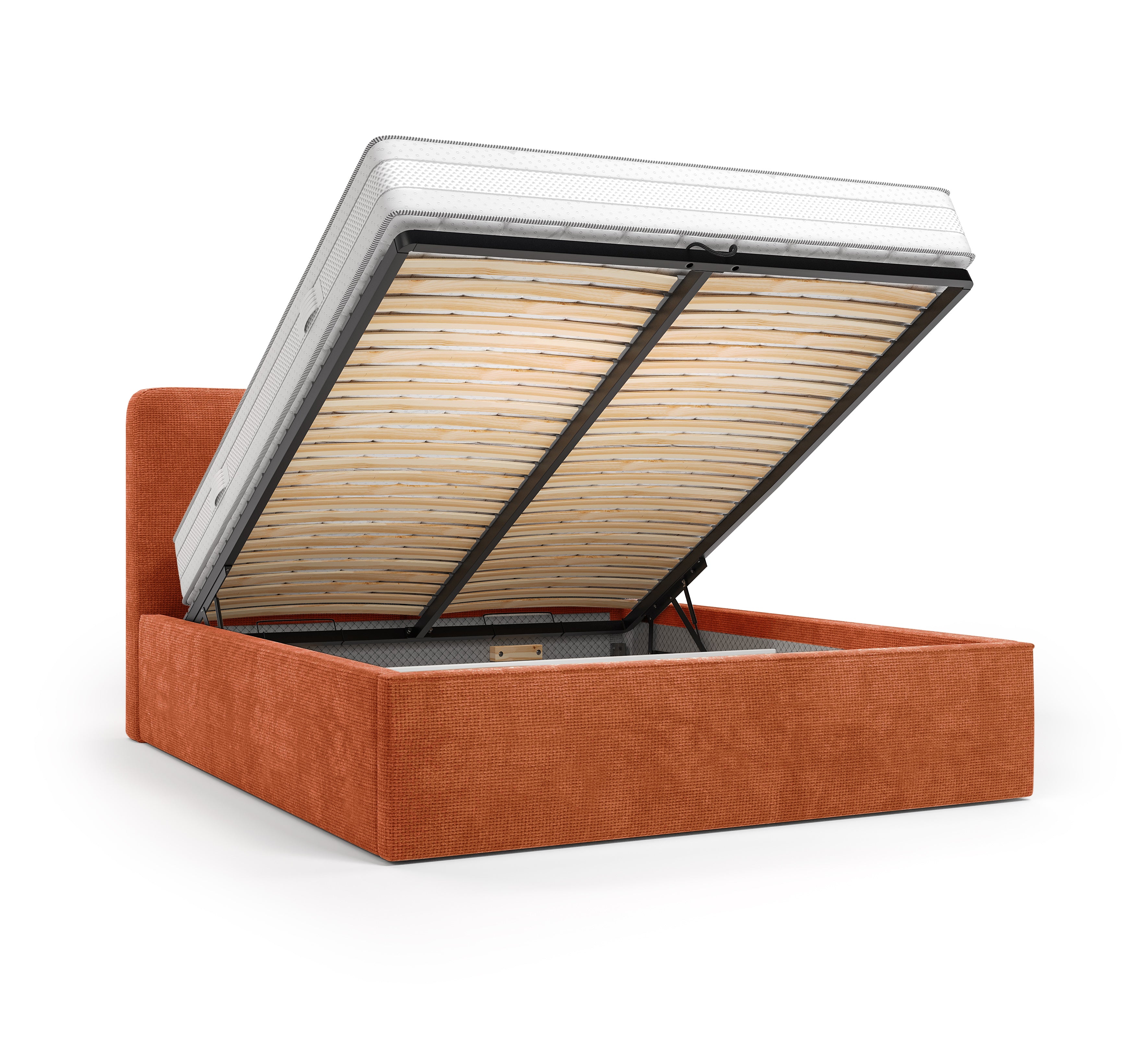 Lit coffre Arbre-Sec 180x200 en tissu chenille terracotta Paname Avenue, coffre de rangement ouvert sur fond blanc