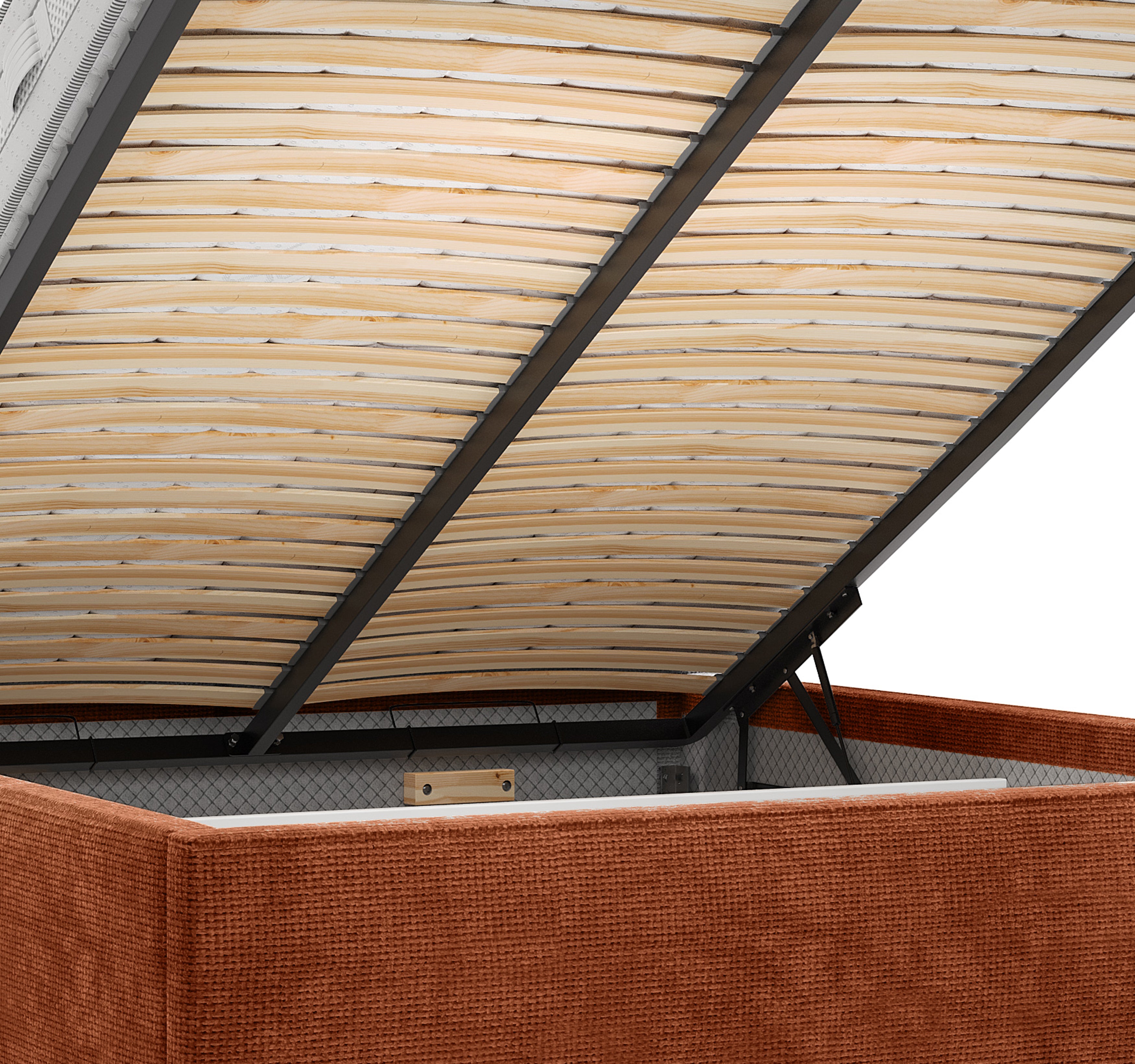 Lit coffre Arbre-Sec 180x200 en tissu chenille terracotta Paname Avenue, zoom sur le mécanisme de levage