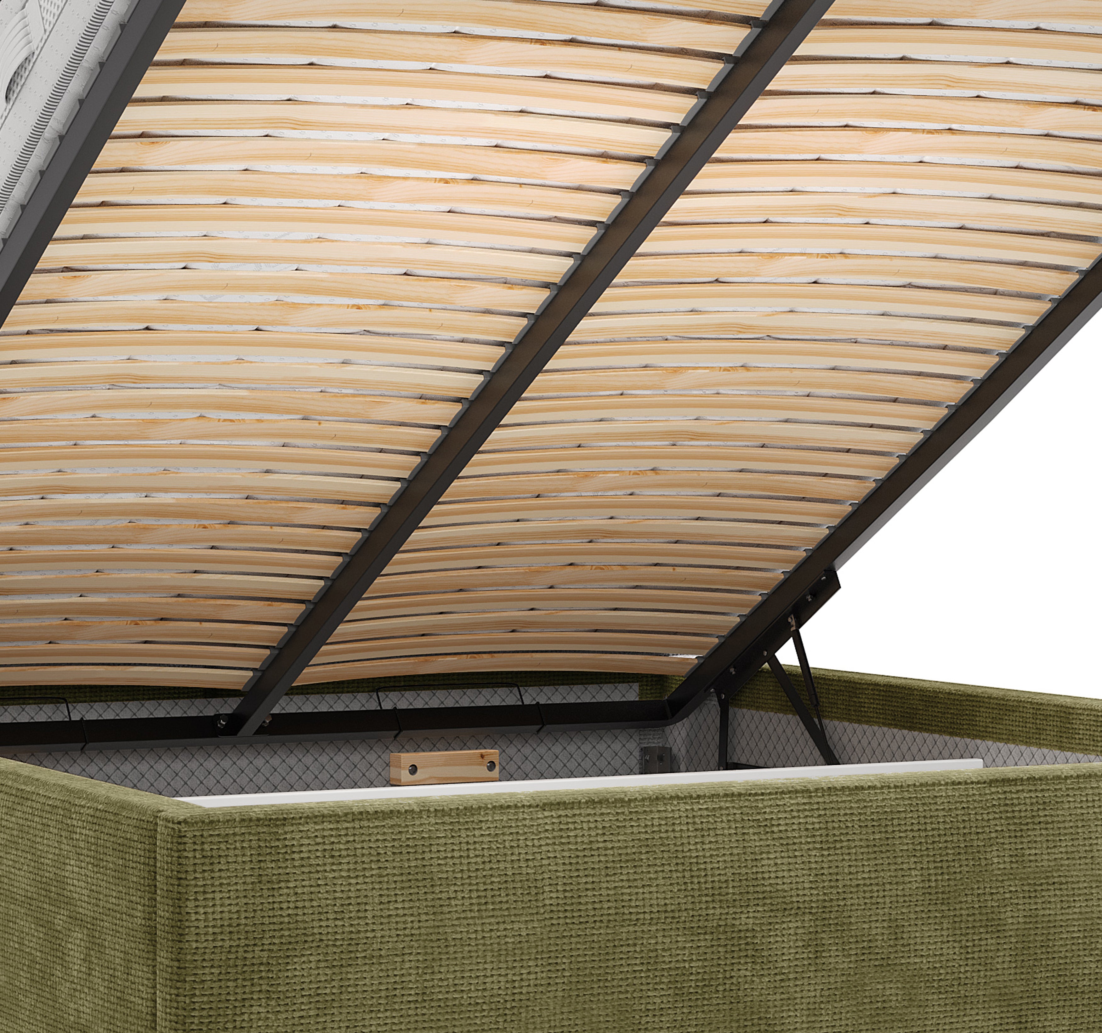 Lit coffre Arbre-Sec 180x200 en tissu chenille vert olive Paname Avenue, zoom sur le mécanisme de levage
