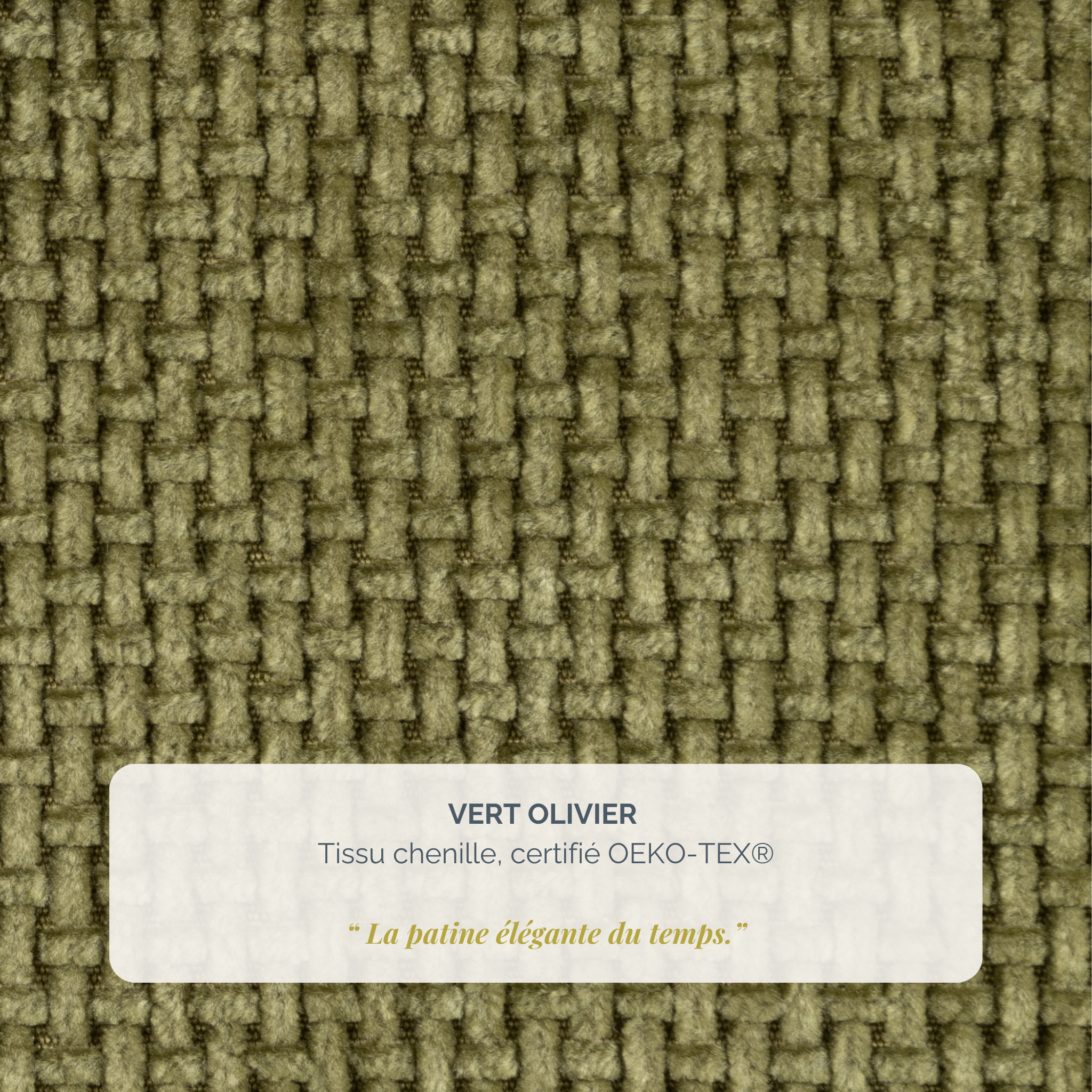 Lit coffre Arbre-Sec 180x200 en tissu chenille vert olive Paname Avenue, détail de la texture du revêtement
