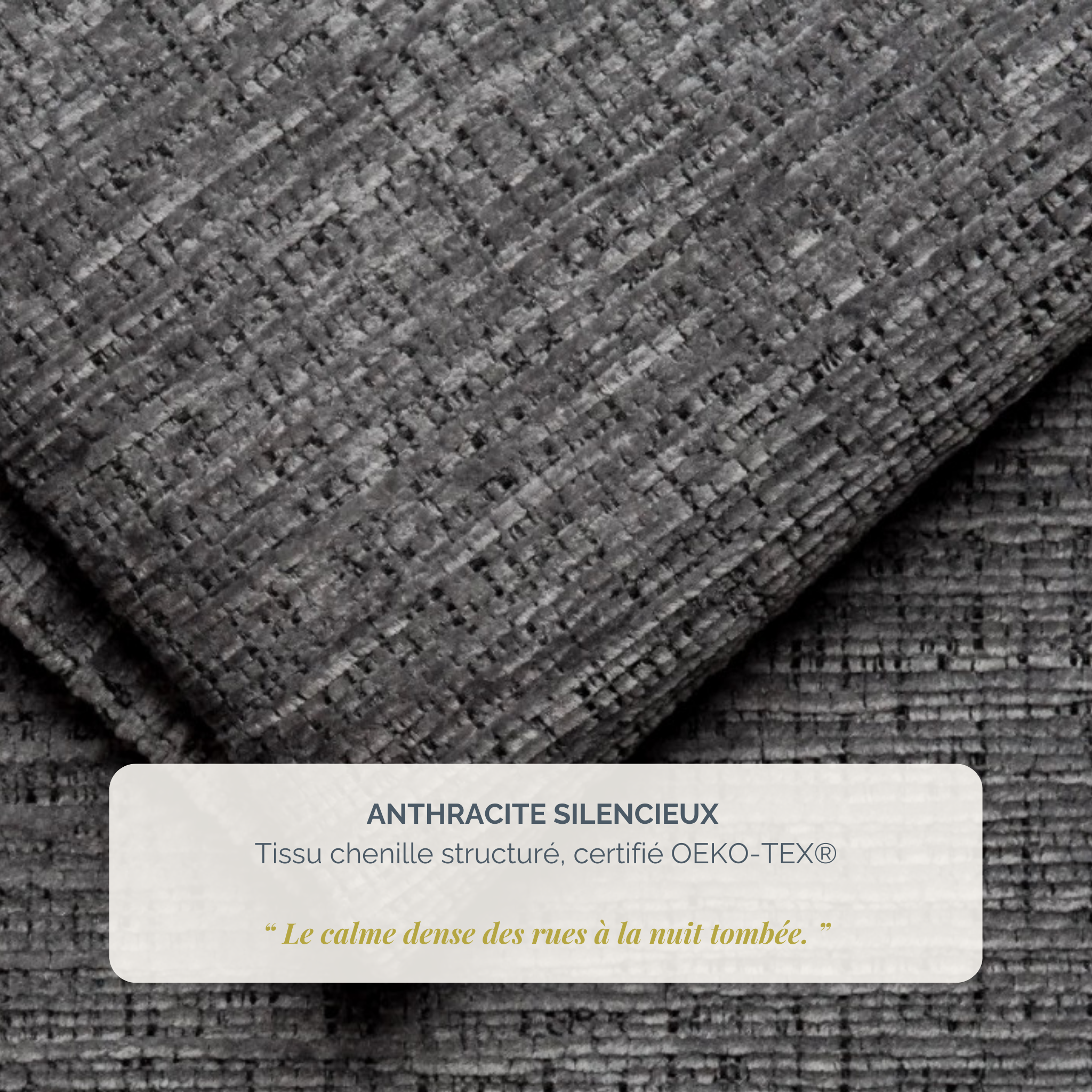 Lit coffre Four 180 x 200 cm en tissu chenille anthracite Paname Avenue, détail de la texture du revêtement