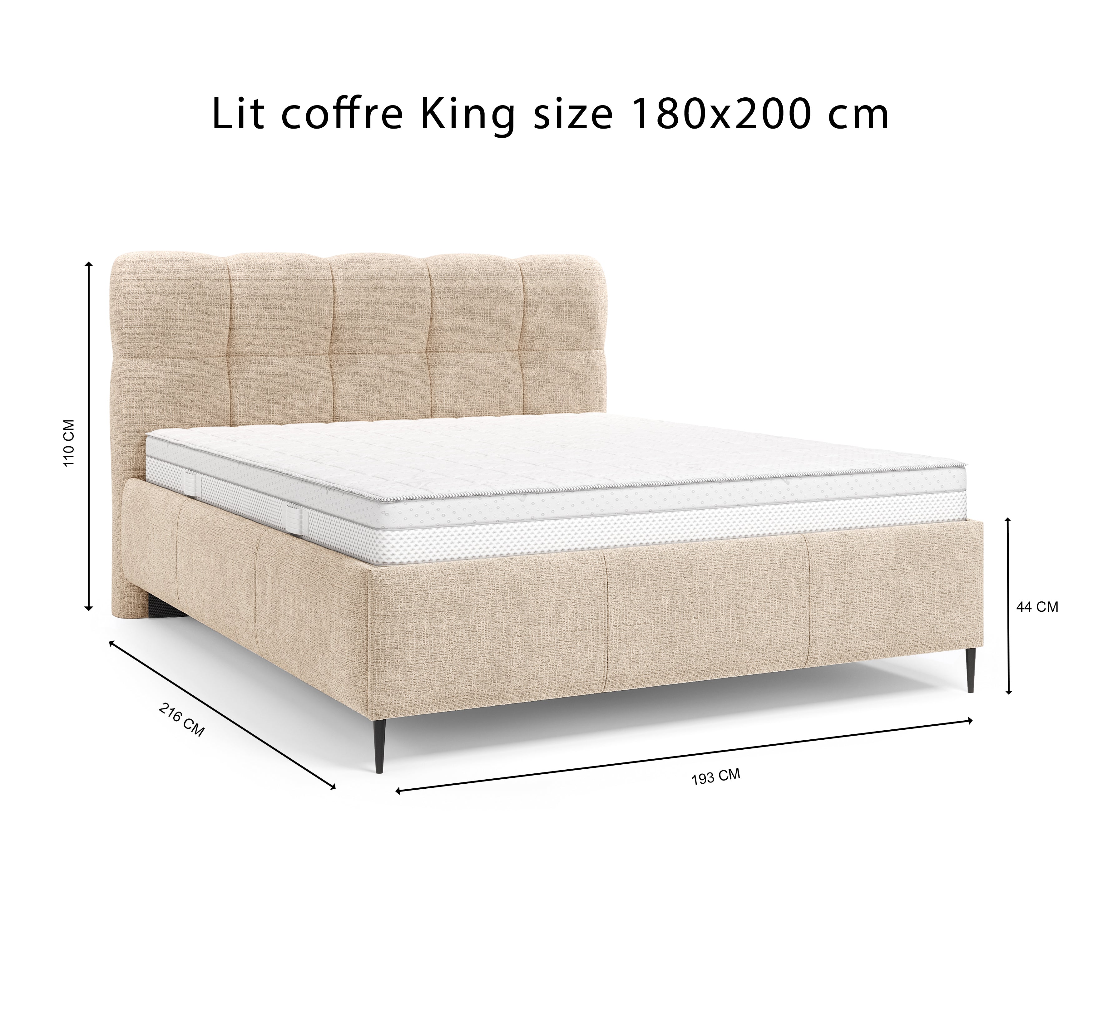 Lit coffre Four 180 x 200 cm en tissu chenille beige Paname Avenue, schéma des dimensions du lit