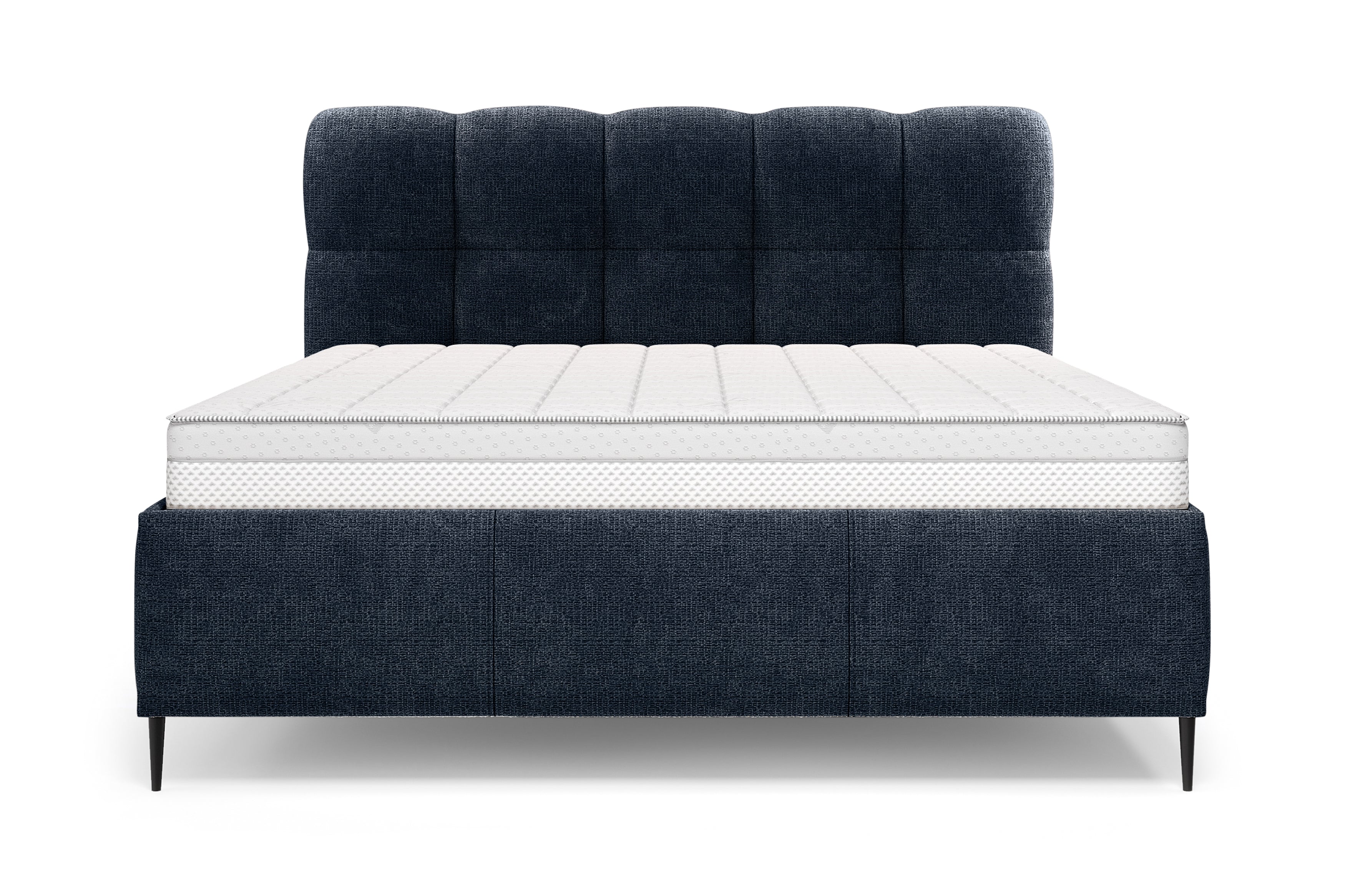 Lit coffre Four 180 x 200 cm en tissu chenille bleu Paname Avenue, vue de face sur fond blanc