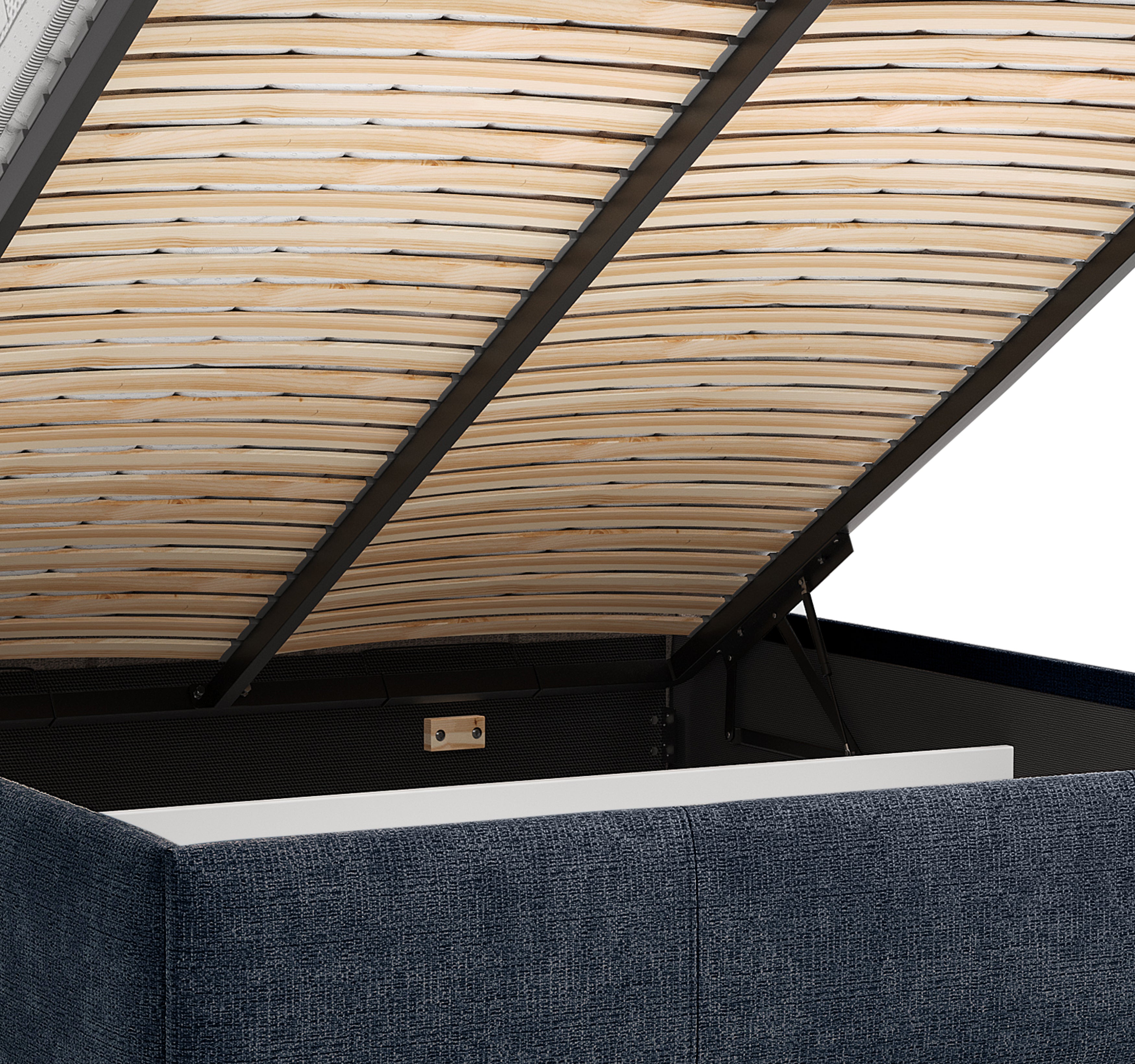Lit coffre Four 180 x 200 cm en tissu chenille bleu Paname Avenue, zoom sur le mécanisme de levage
