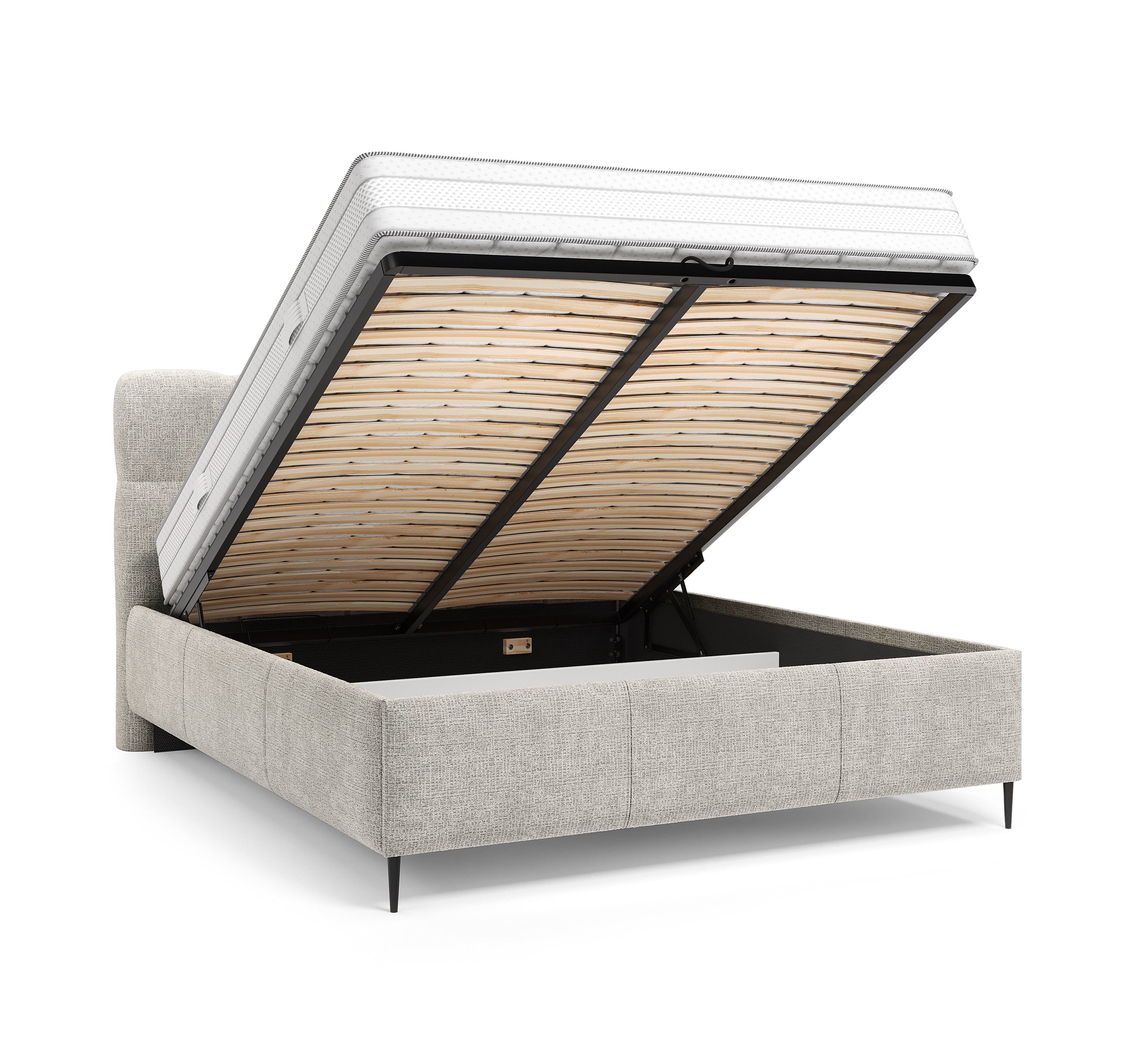 Lit coffre Four 180 x 200 cm en tissu chenille gris clair Paname Avenue, coffre de rangement ouvert sur fond blanc