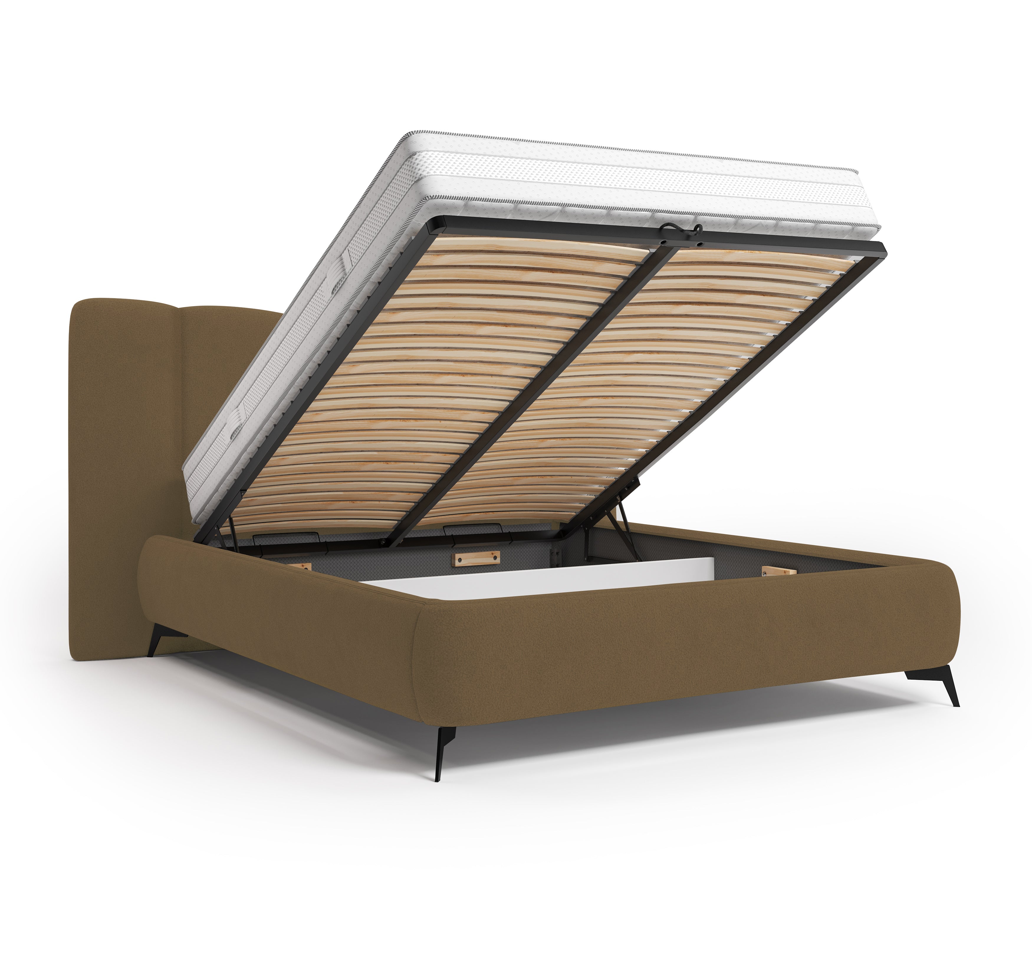 Lit coffre François Miron 180x200 cm en tissu chenille marron Paname Avenue, coffre de rangement ouvert sur fond blanc