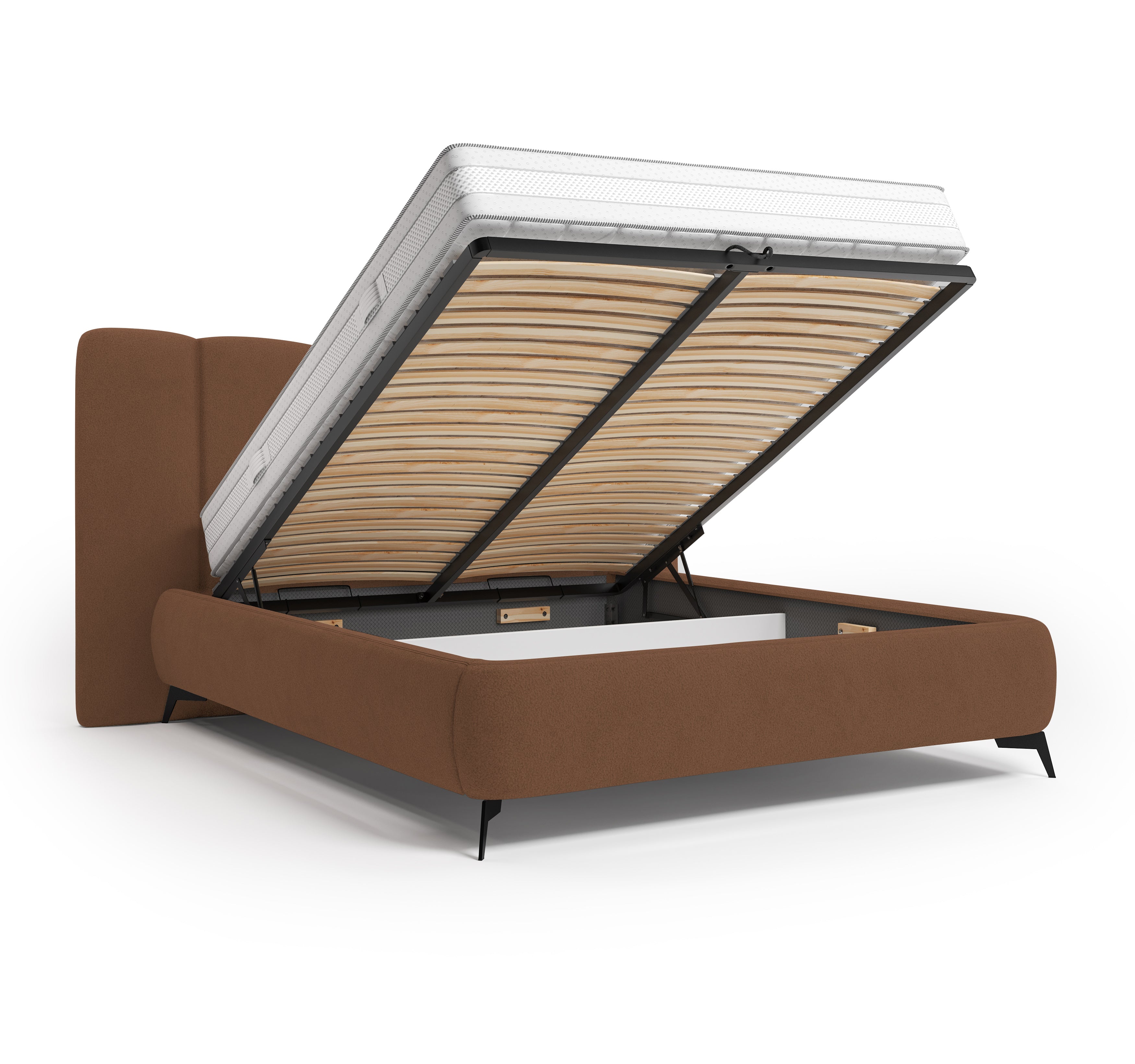 Lit coffre François Miron 180x200 cm en tissu chenille terracotta Paname Avenue, coffre de rangement ouvert sur fond blanc