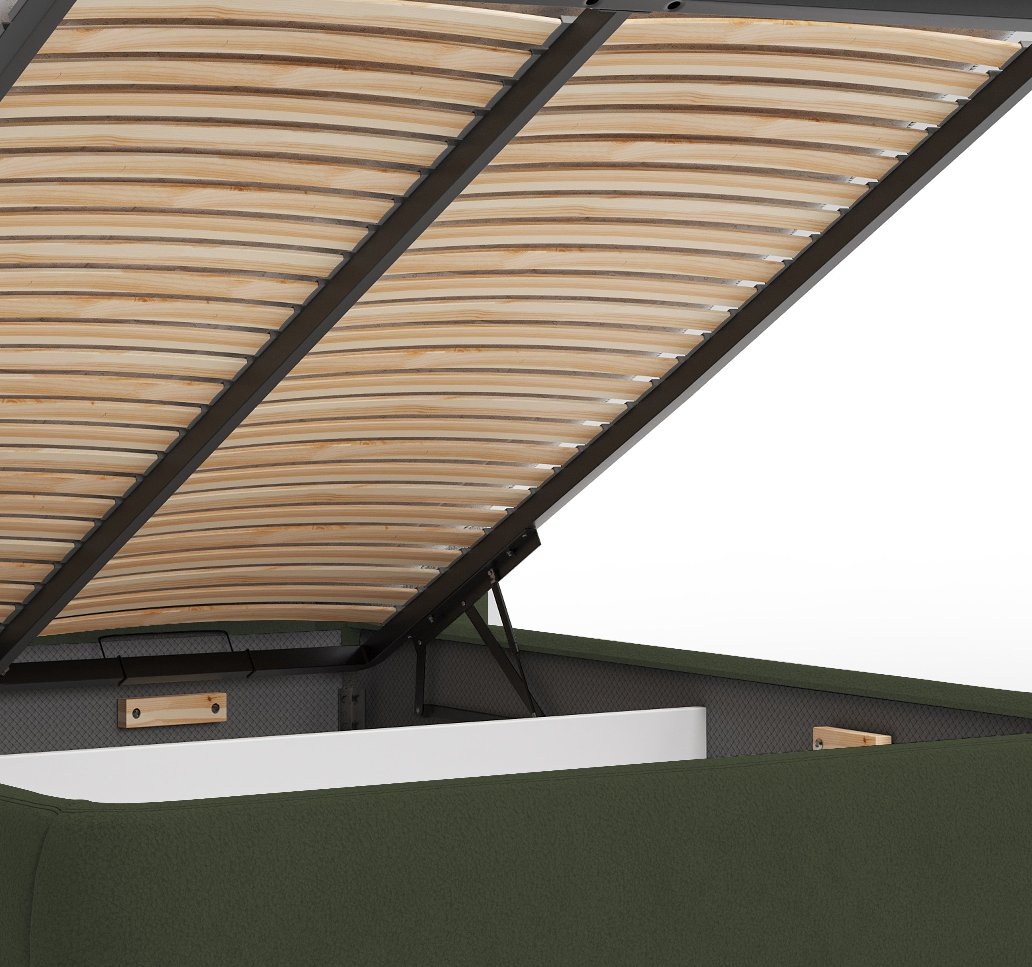 Lit coffre François Miron 180x200 cm en tissu chenille vert Paname Avenue, zoom sur le mécanisme de levage