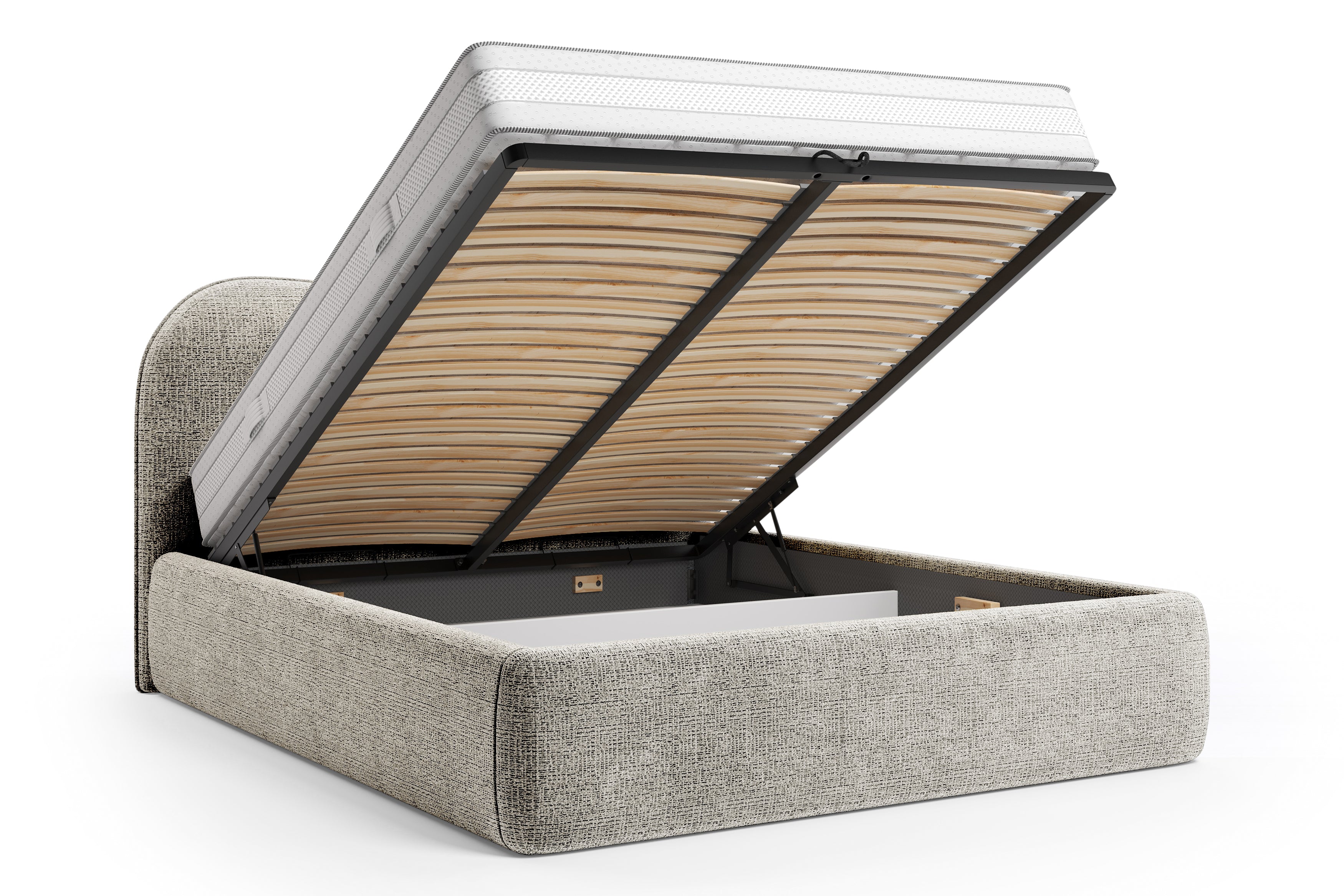 Lit coffre Gravilliers 180x200 cm en tissu chenille gris clair Paname Avenue, coffre de rangement ouvert sur fond blanc