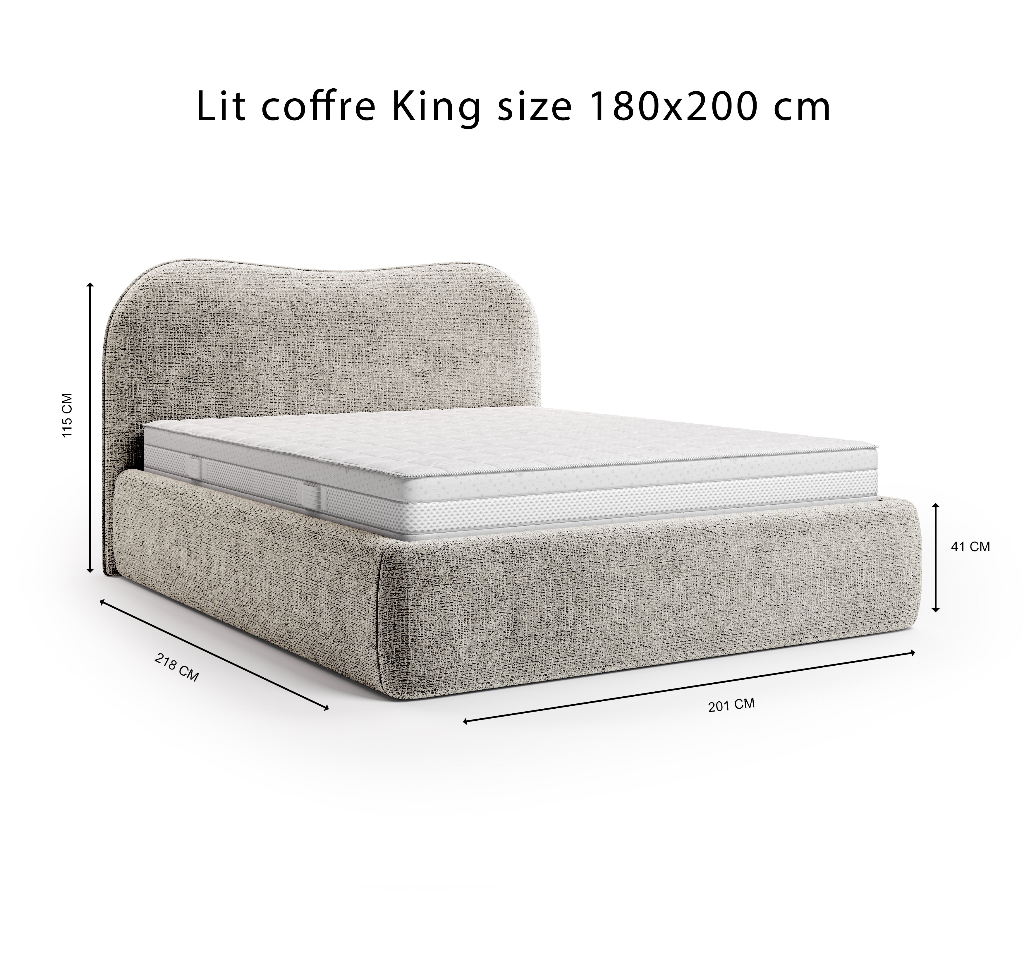 Lit coffre Gravilliers 180x200 cm en tissu chenille gris clair Paname Avenue, schéma des dimensions du lit