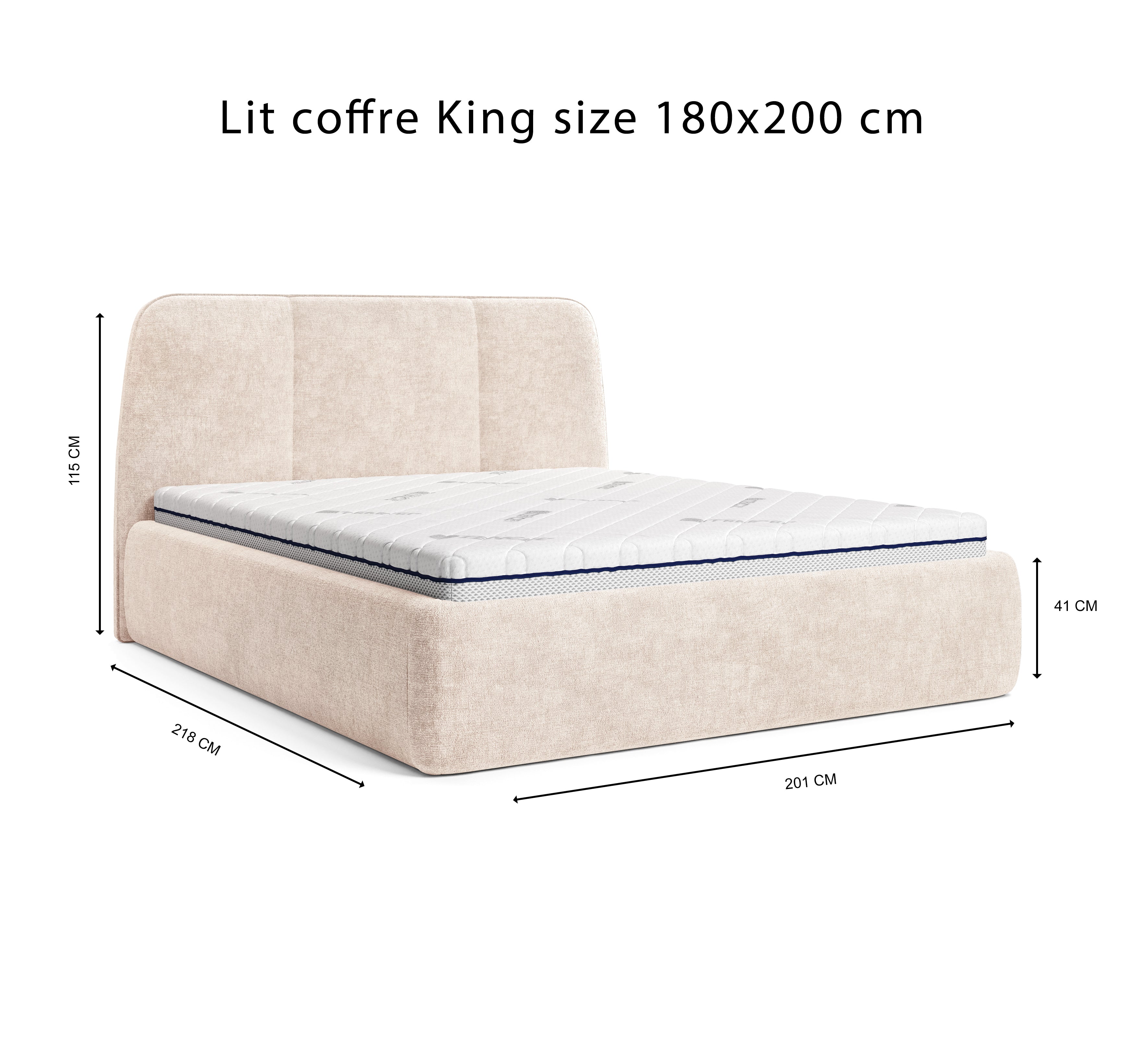 Lit coffre Rosiers 180x200 en tissu chenille beige Paname Avenue, schéma des dimensions du lit