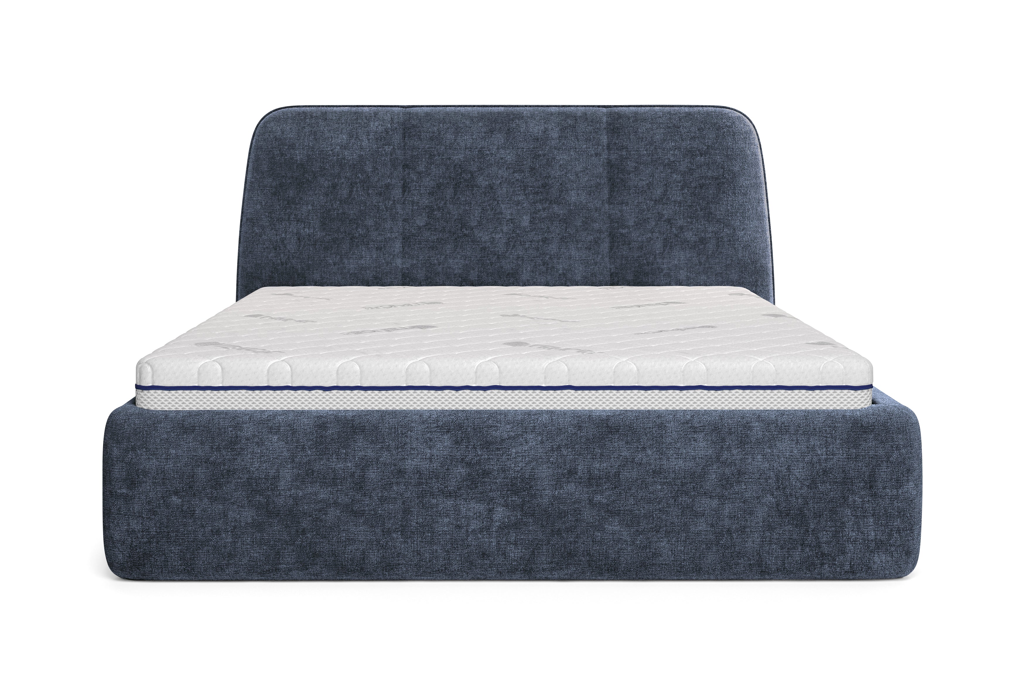 Lit coffre Rosiers 180x200 en tissu chenille bleu Paname Avenue, vue de face sur fond blanc