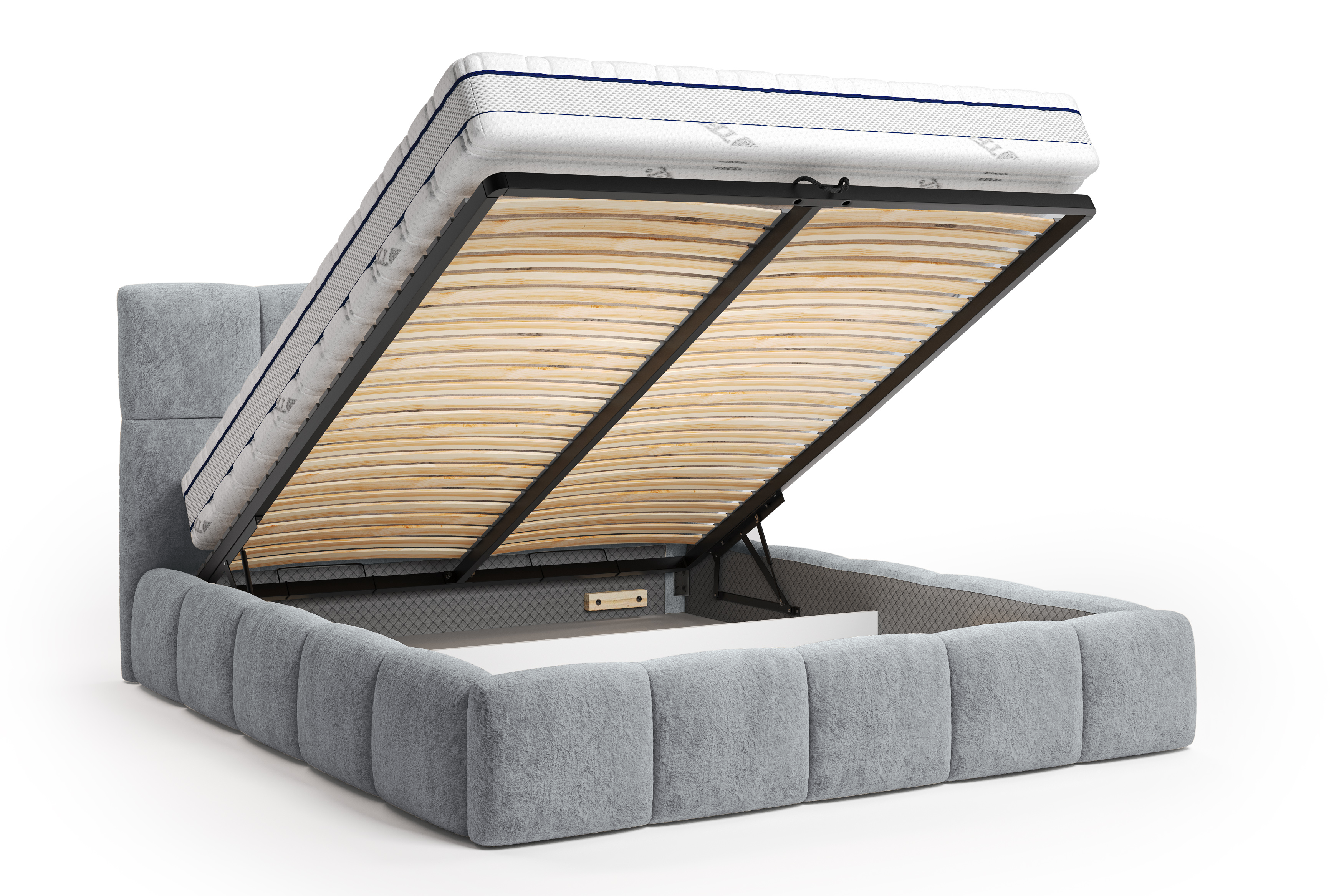 Lit coffre Steinkerque 180x200 cm en tissu peluche à poil long gris clair Paname Avenue, coffre de rangement ouvert sur fond blanc