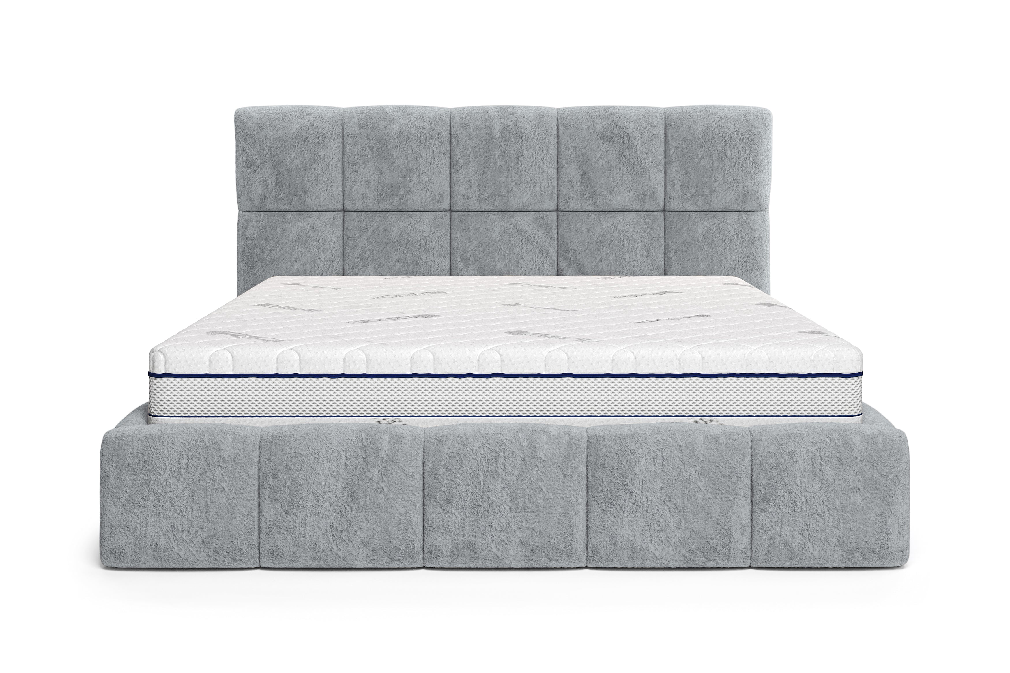 Lit coffre Steinkerque 180x200 cm en tissu peluche à poil long gris clair Paname Avenue, vue de face sur fond blanc