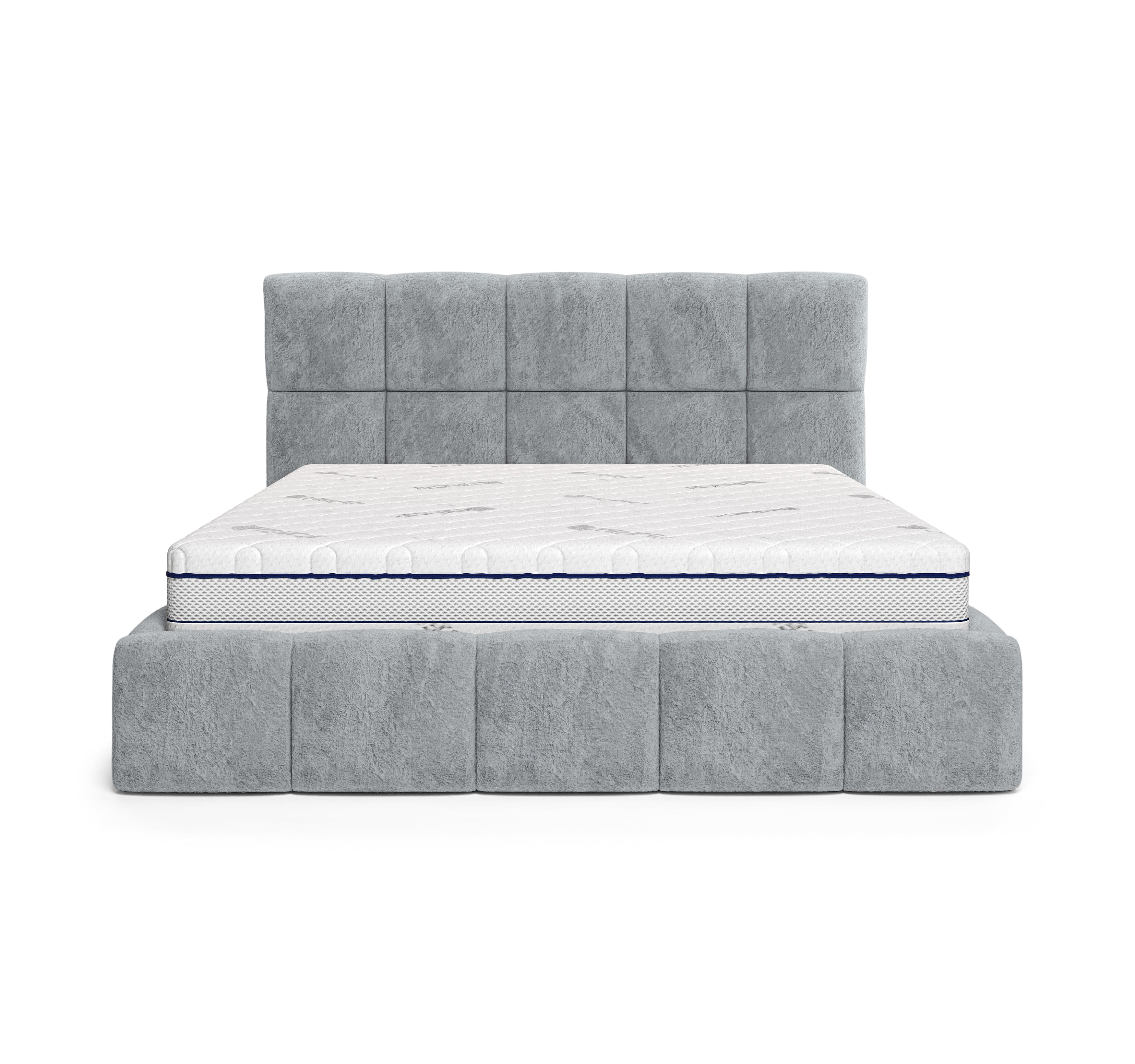 Lit coffre Steinkerque 180x200 cm en tissu peluche à poil long gris clair Paname Avenue, vue de face sur fond blanc