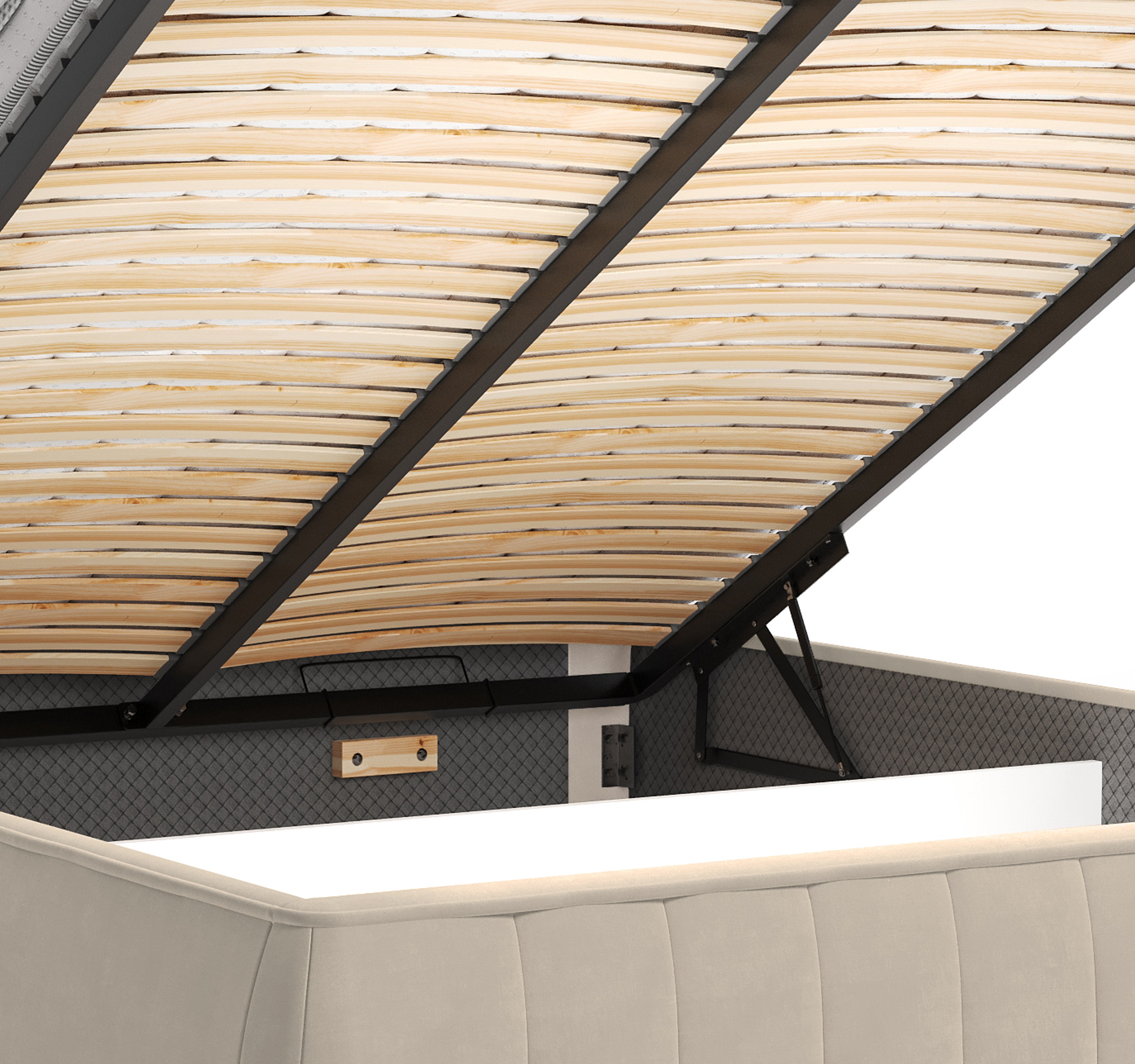 Lit coffre Timbaud 180x200 en tissu velours lisse beige Paname Avenue, zoom sur le mécanisme de levage