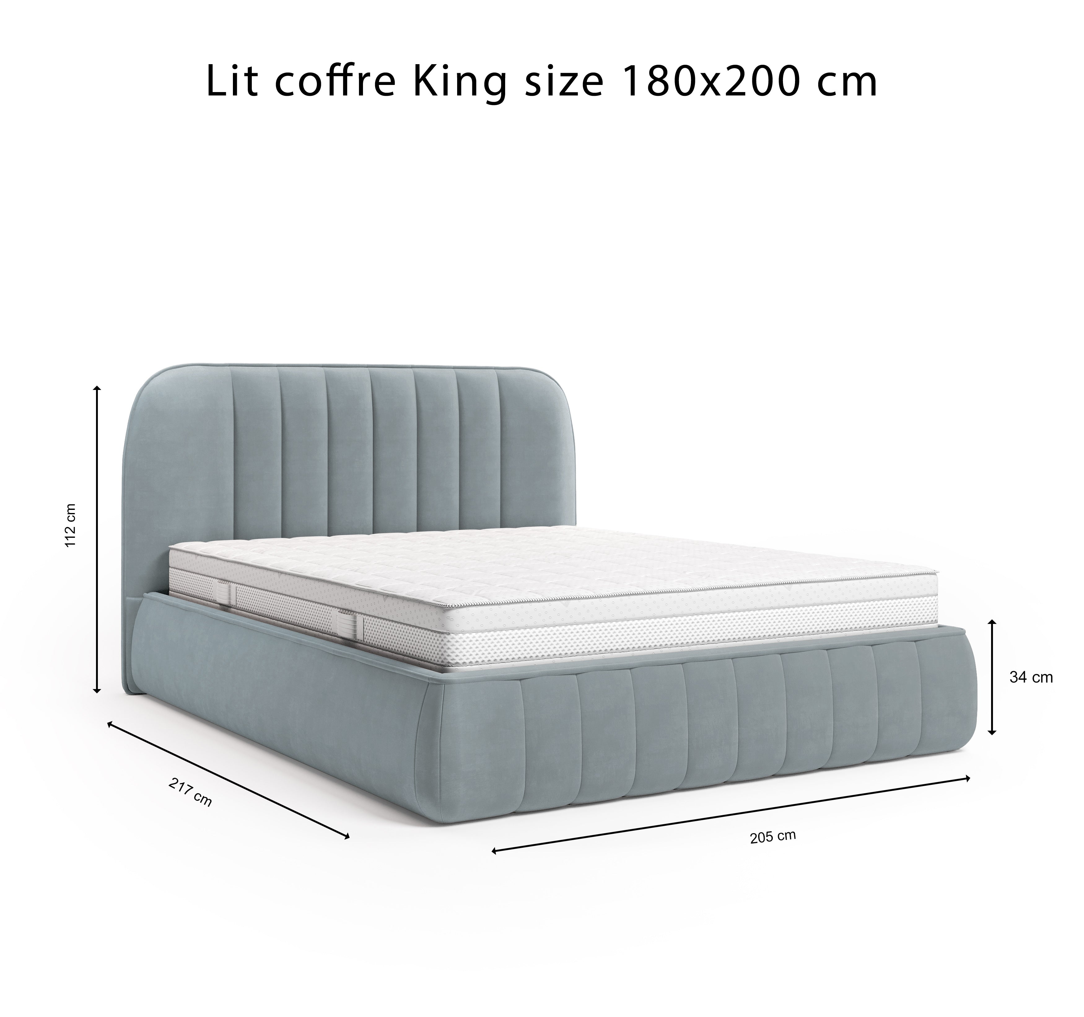 Lit coffre Timbaud 180x200 en tissu velours lisse gris clair Paname Avenue, schéma des dimensions du lit