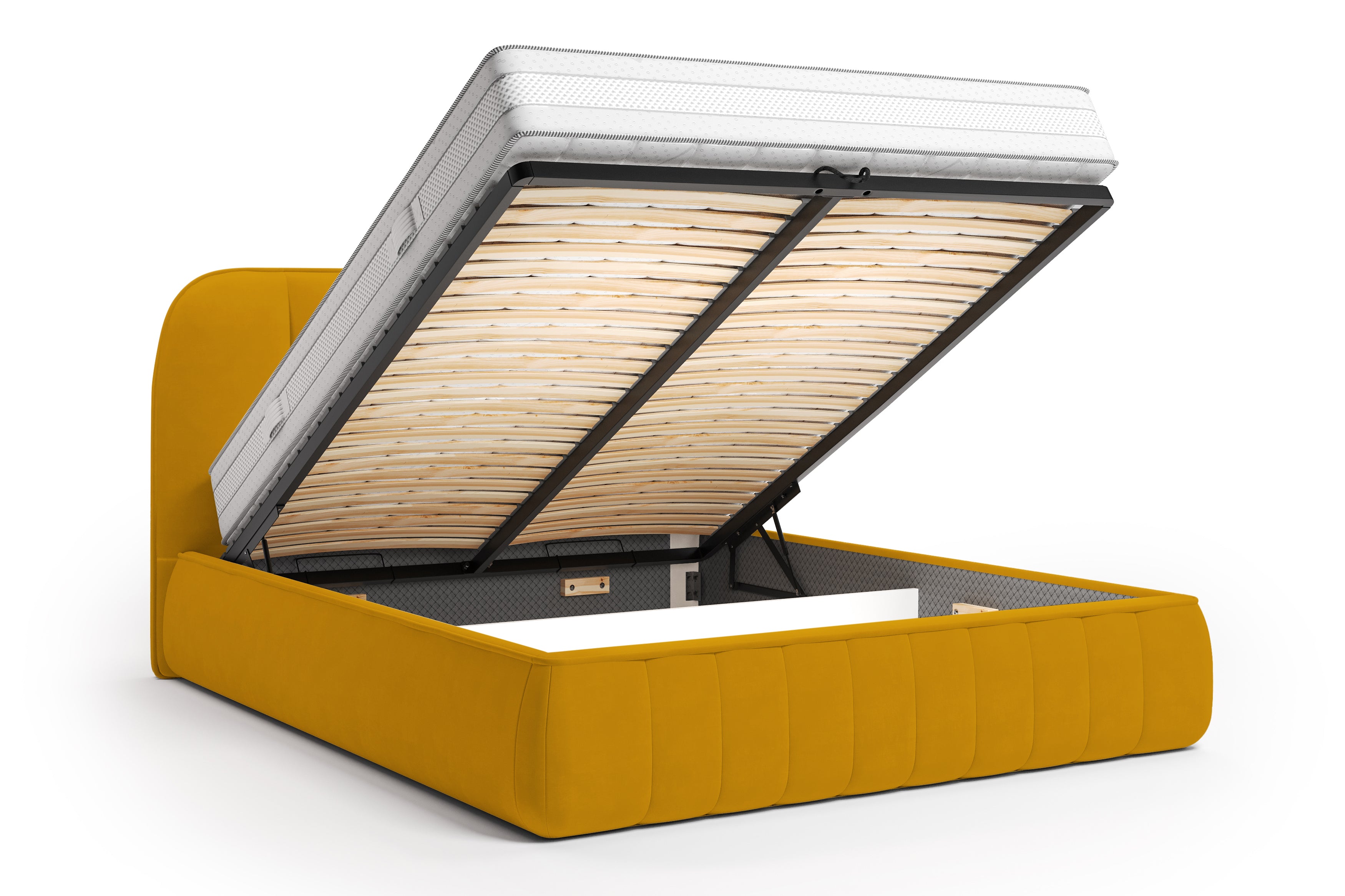 Lit coffre Timbaud 180x200 en tissu velours lisse jaune Paname Avenue, coffre de rangement ouvert sur fond blanc