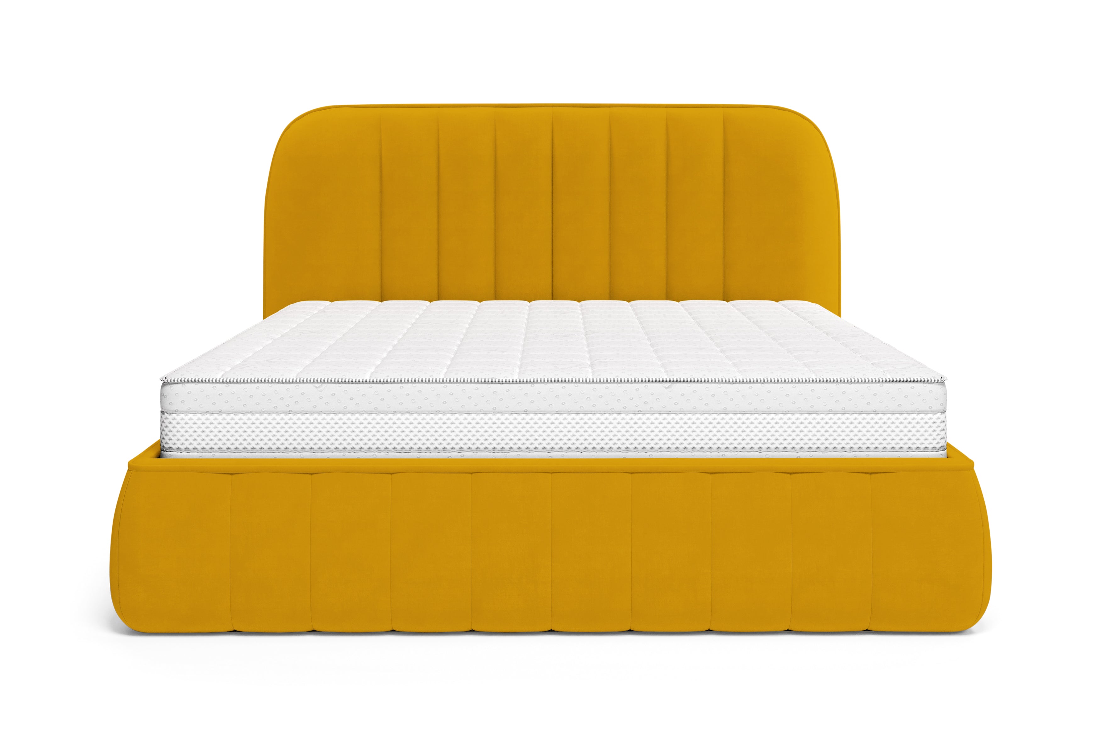 Lit coffre Timbaud 180x200 en tissu velours lisse jaune Paname Avenue, vue de face sur fond blanc