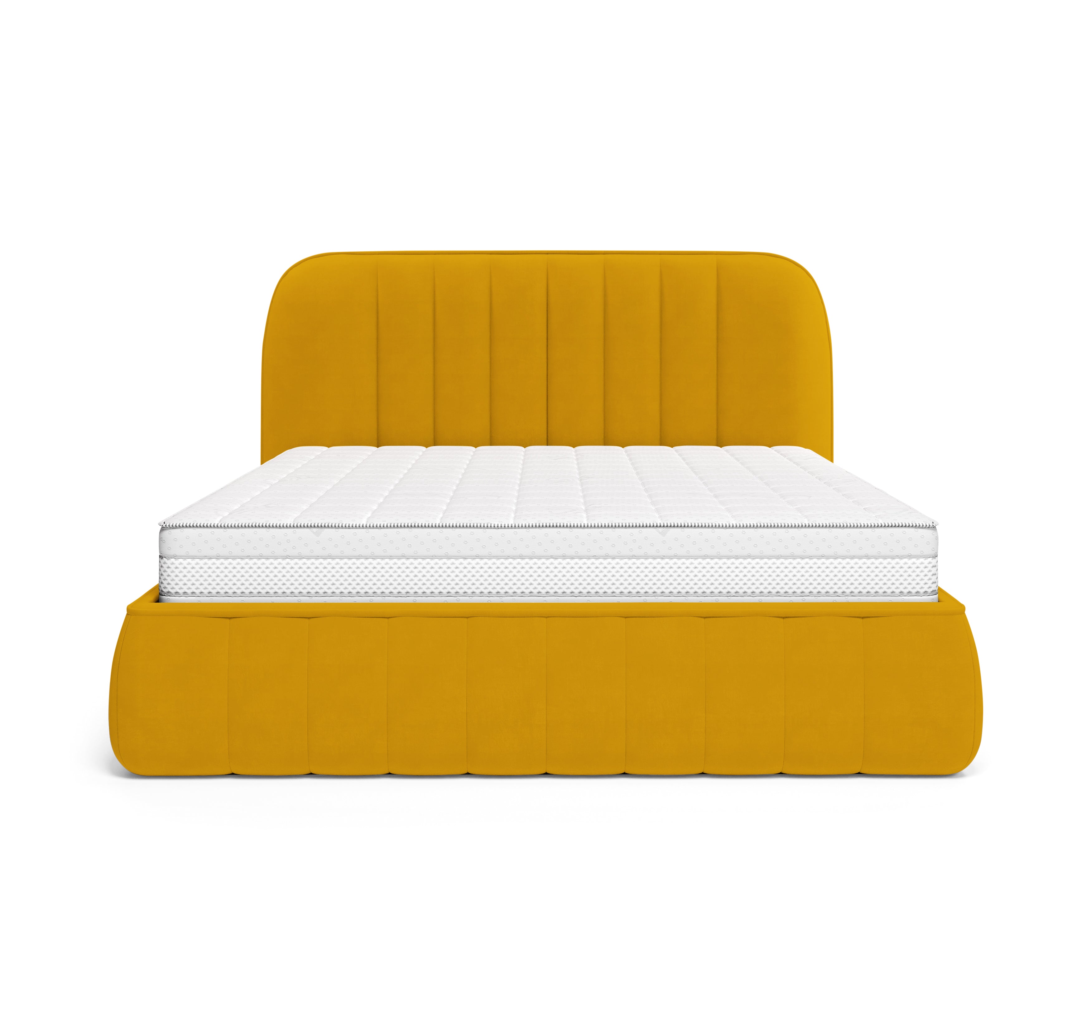 Lit coffre Timbaud 180x200 en tissu velours lisse jaune Paname Avenue, vue de face sur fond blanc