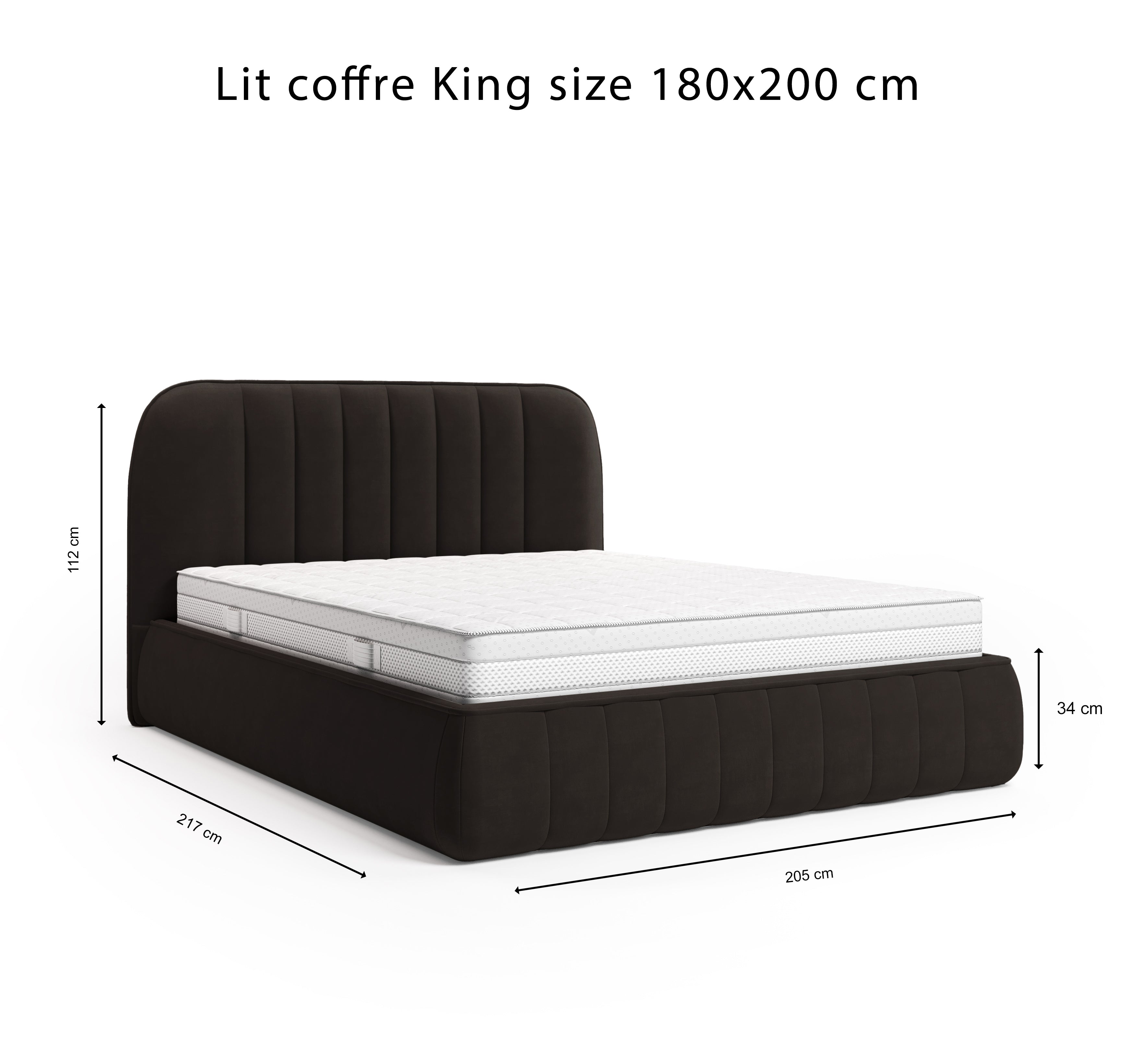 Lit coffre Timbaud 180x200 en tissu velours lisse marron Paname Avenue, schéma des dimensions du lit