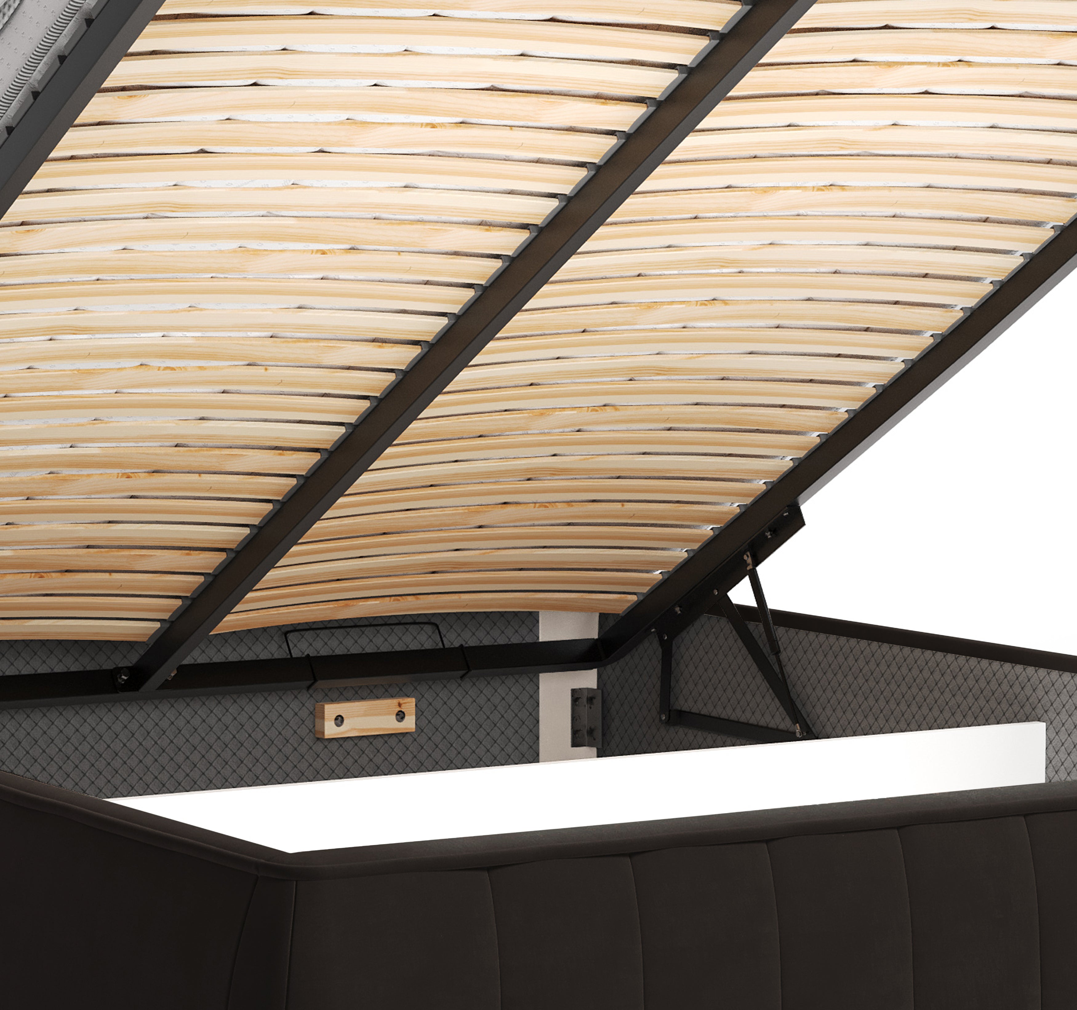 Lit coffre Timbaud 180x200 en tissu velours lisse marron Paname Avenue, zoom sur le mécanisme de levage