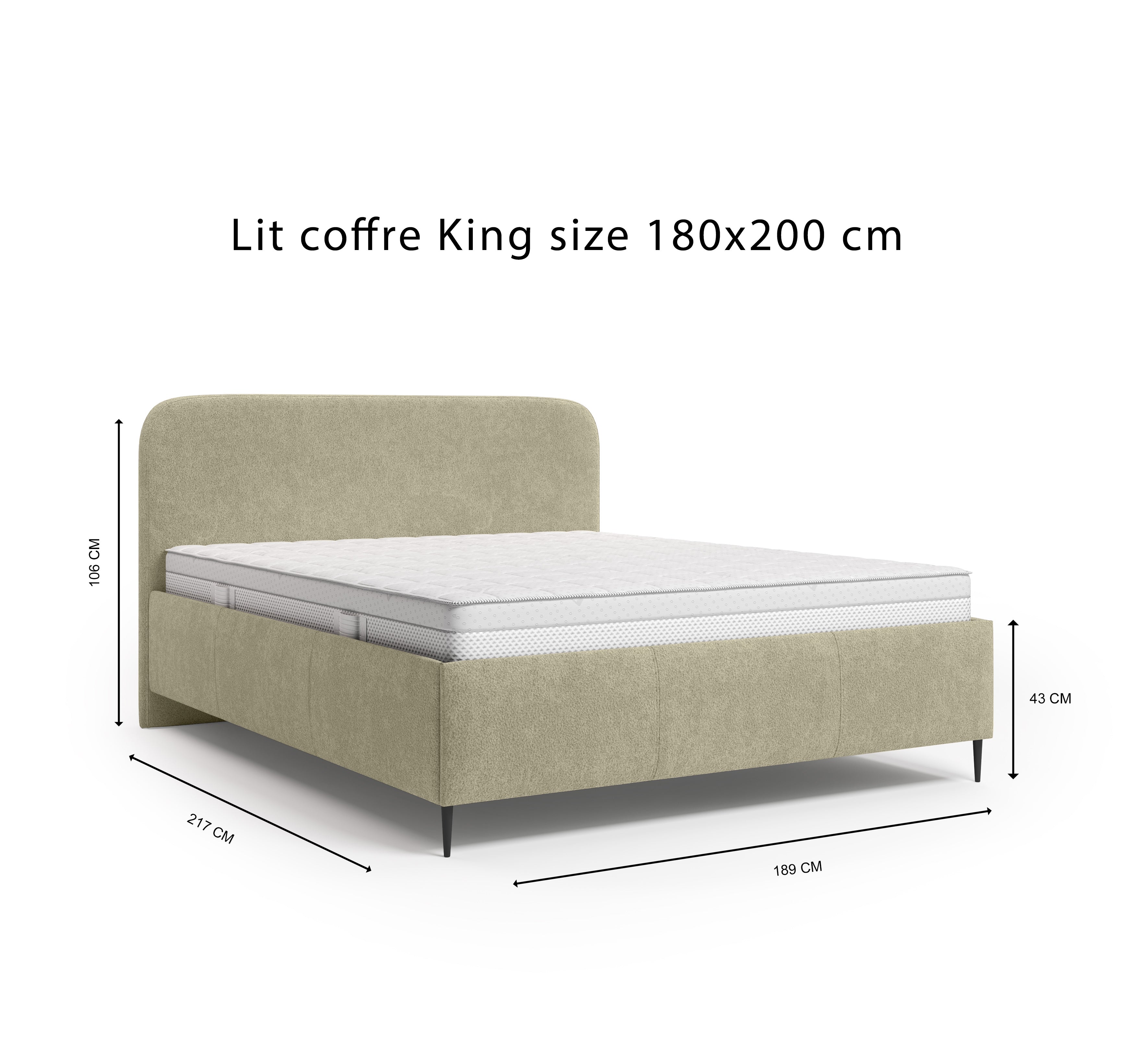 Lit coffre Yves Toudic 180x200 en tissu bouclette beige Paname Avenue, schéma des dimensions du lit