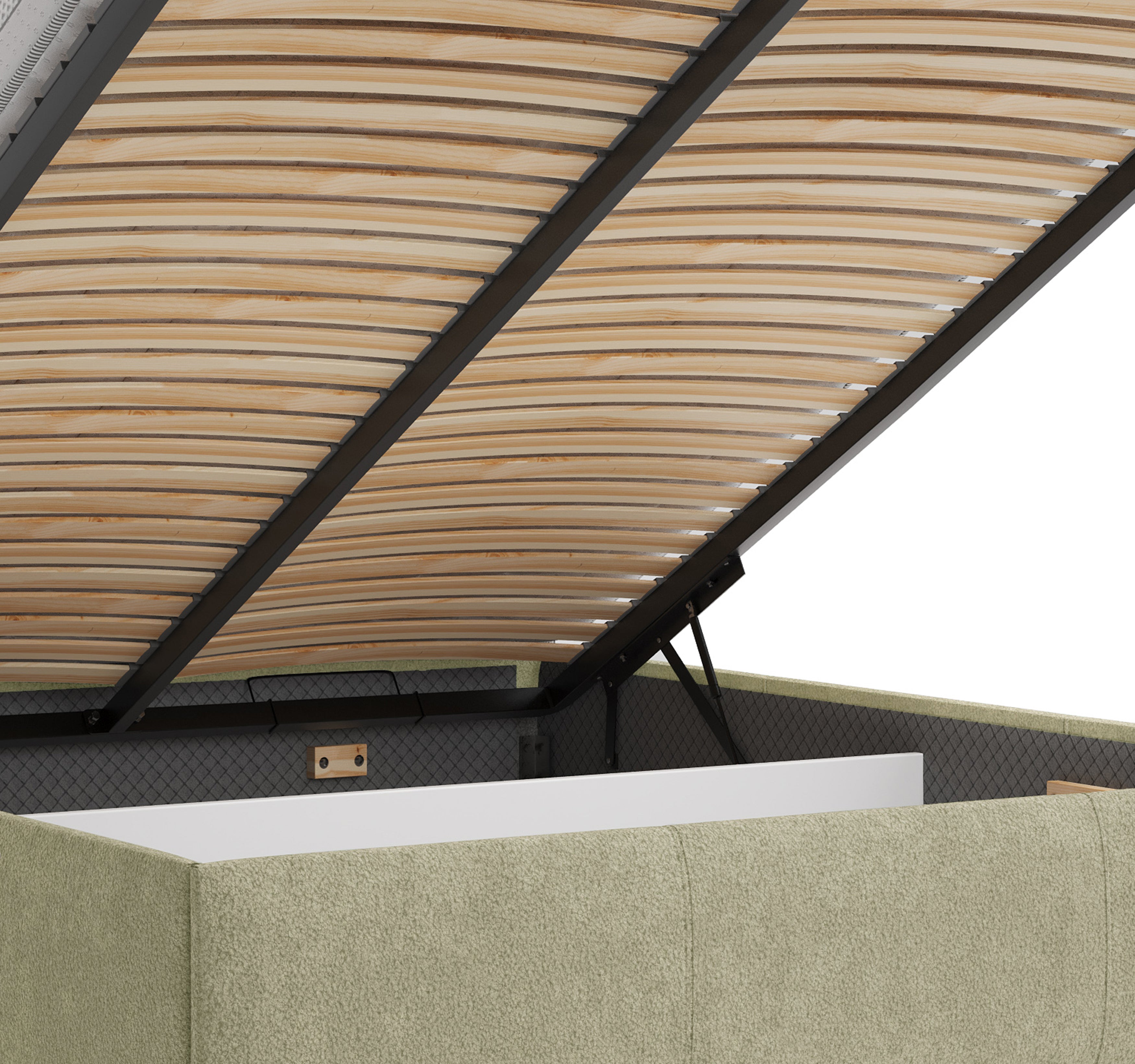Lit coffre Yves Toudic 180x200 en tissu bouclette beige Paname Avenue, zoom sur le mécanisme de levage