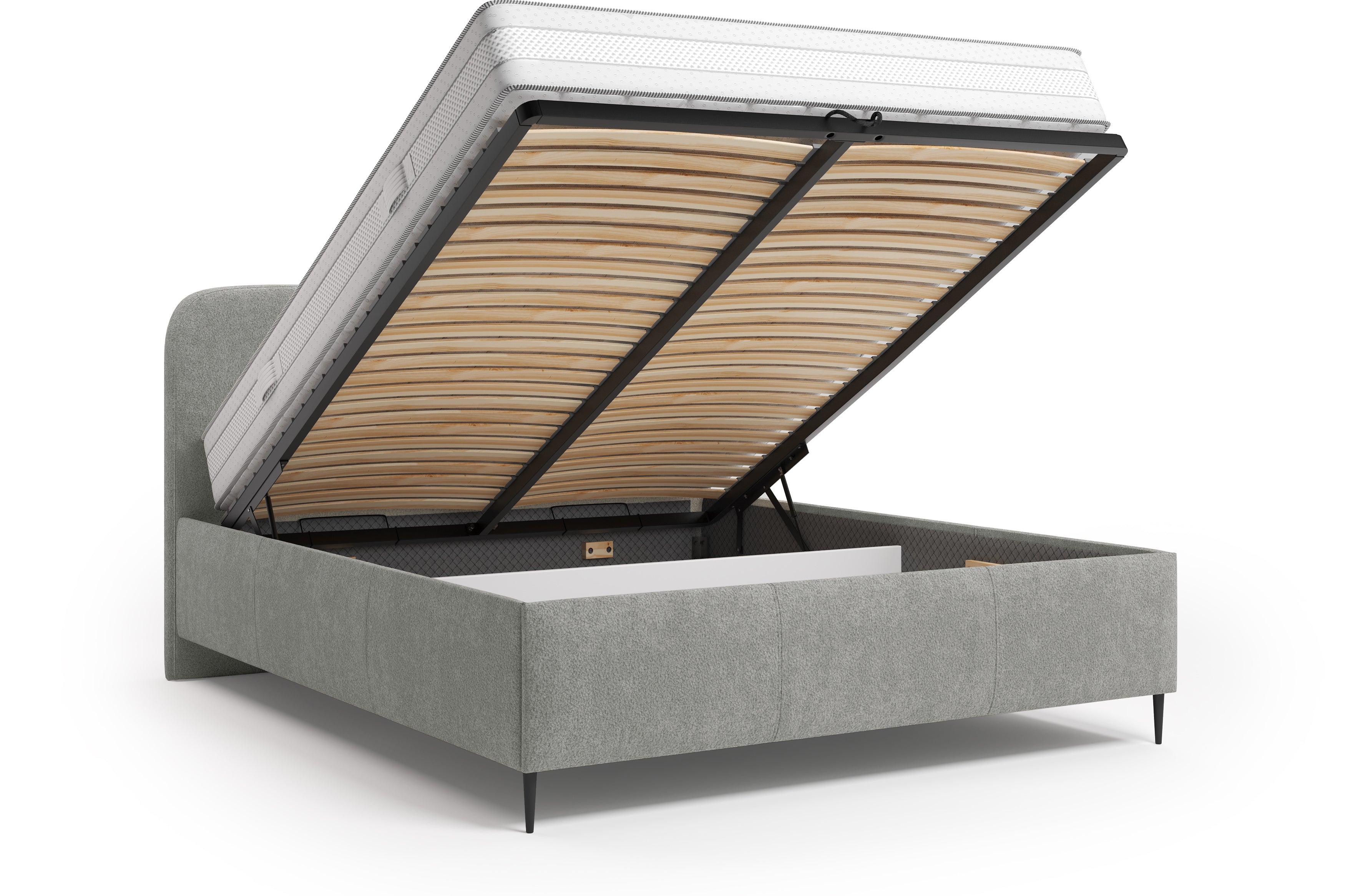 Lit coffre Yves Toudic 180x200 en tissu bouclette gris Paname Avenue, coffre de rangement ouvert sur fond blanc