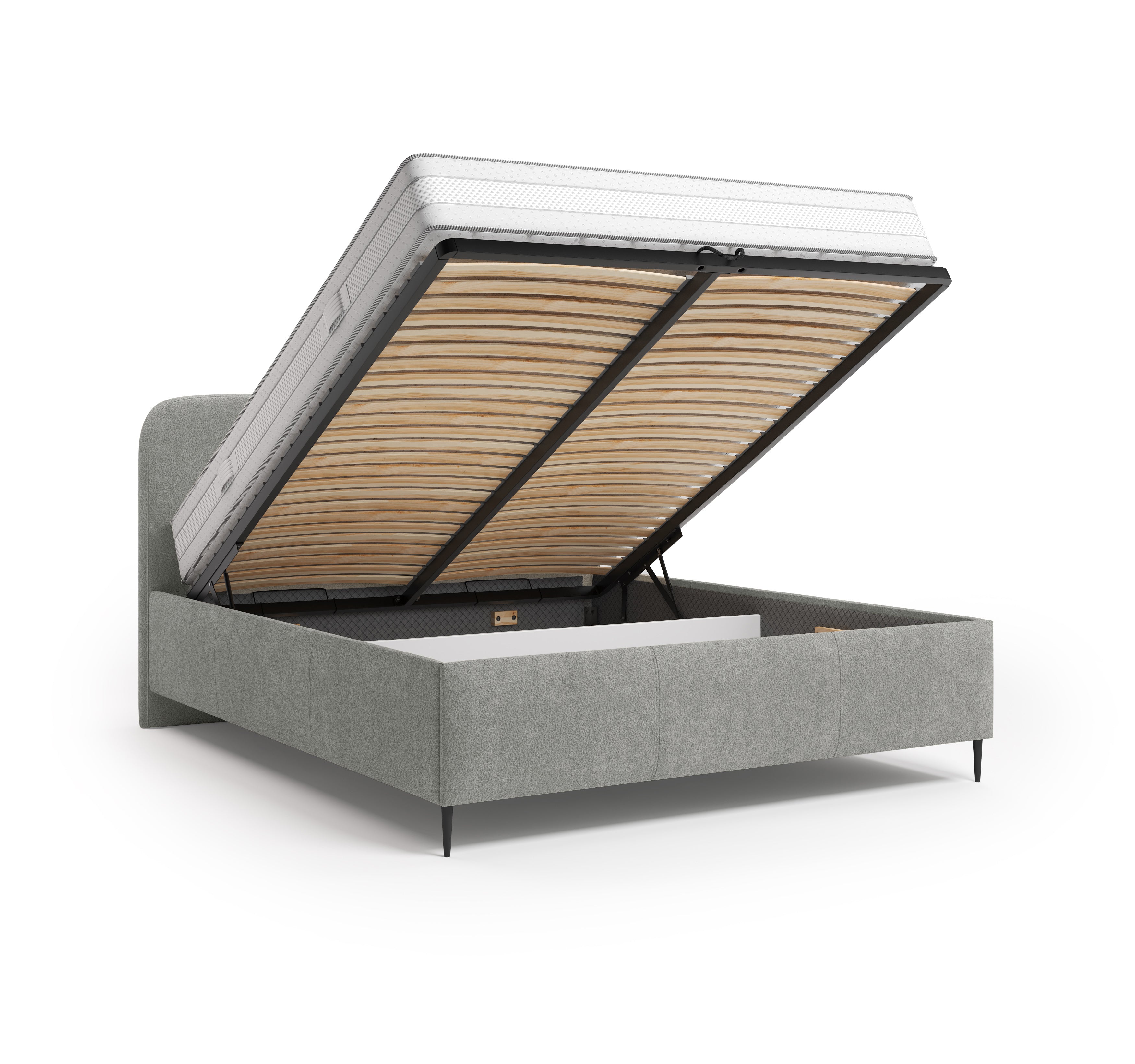 Lit coffre Yves Toudic 180x200 en tissu bouclette gris Paname Avenue, coffre de rangement ouvert sur fond blanc