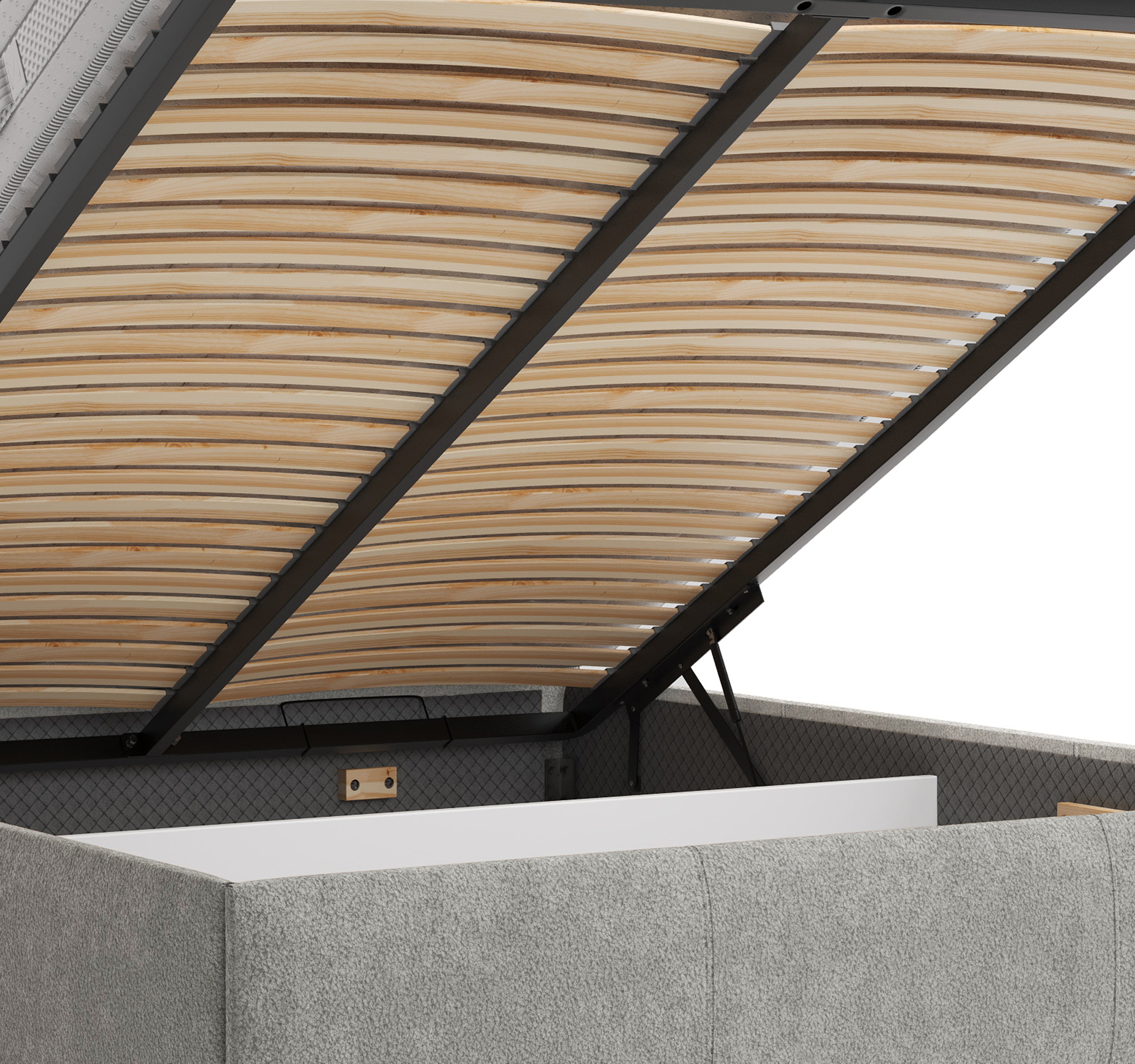 Lit coffre Yves Toudic 180x200 en tissu bouclette gris Paname Avenue, zoom sur le mécanisme de levage
