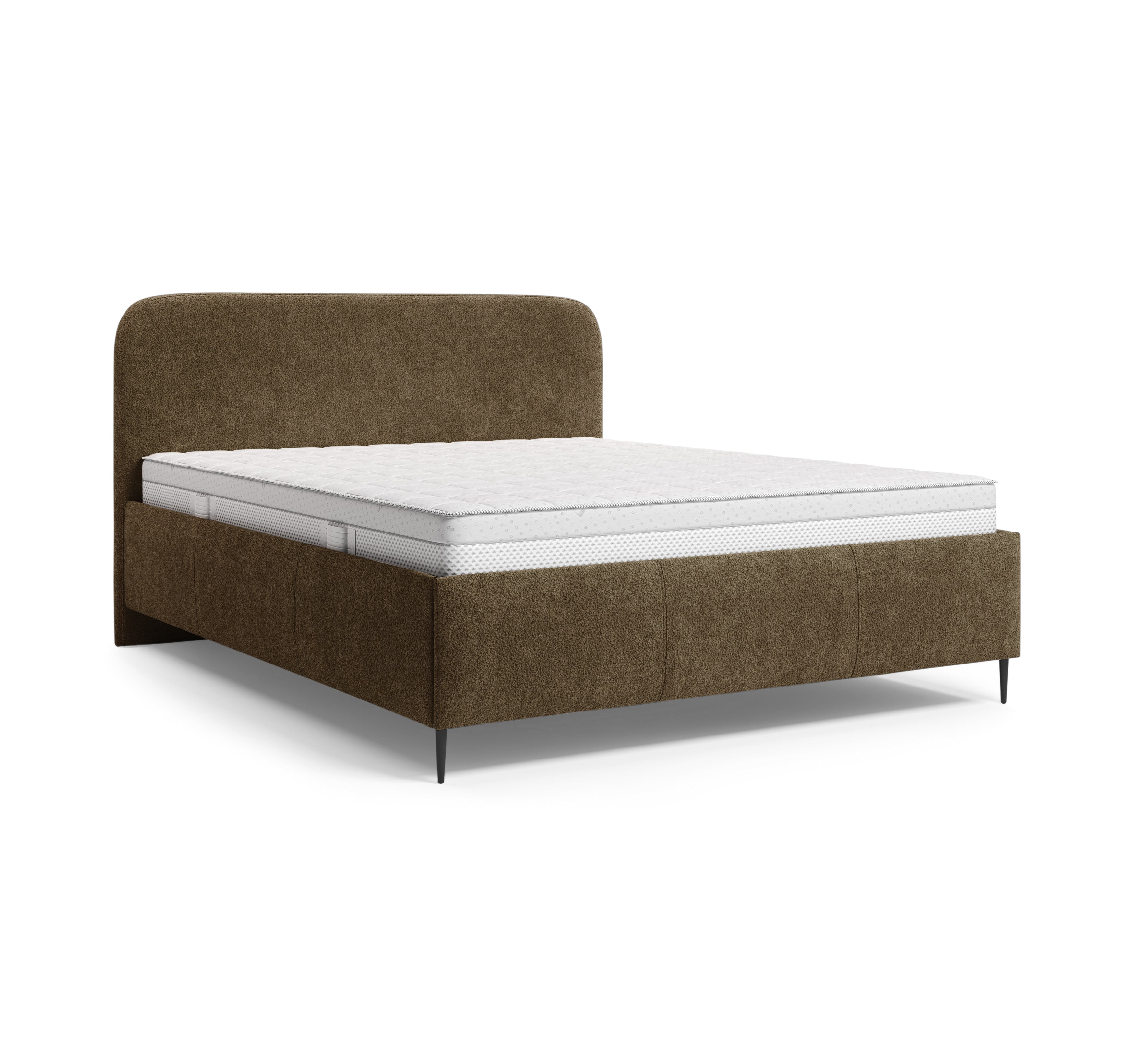 Lit coffre Yves Toudic 180x200 en tissu bouclette marron Paname Avenue, vue trois-quarts sur fond blanc