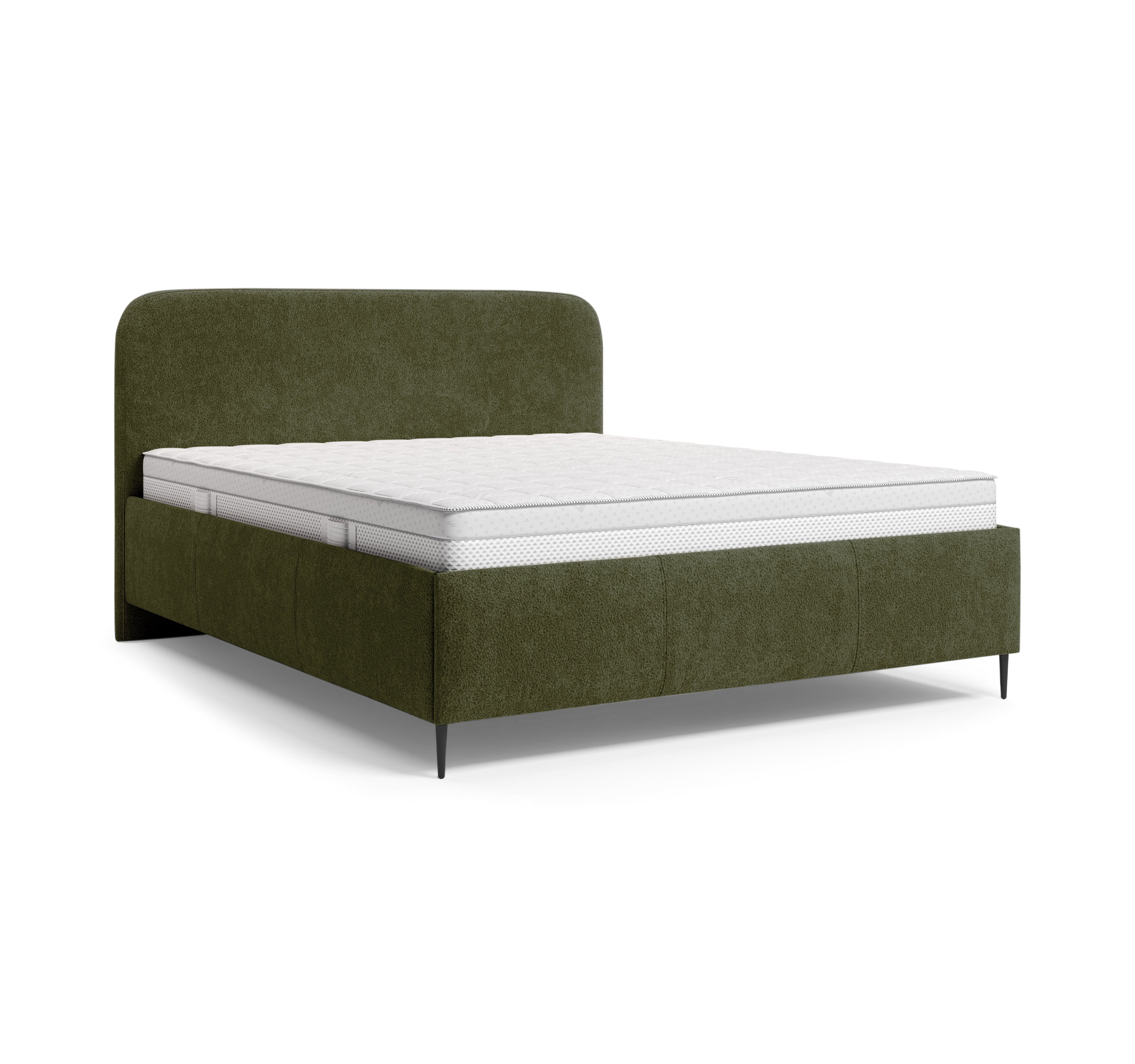 Lit coffre Yves Toudic 180x200 en tissu bouclette vert Paname Avenue, vue trois-quarts sur fond blanc