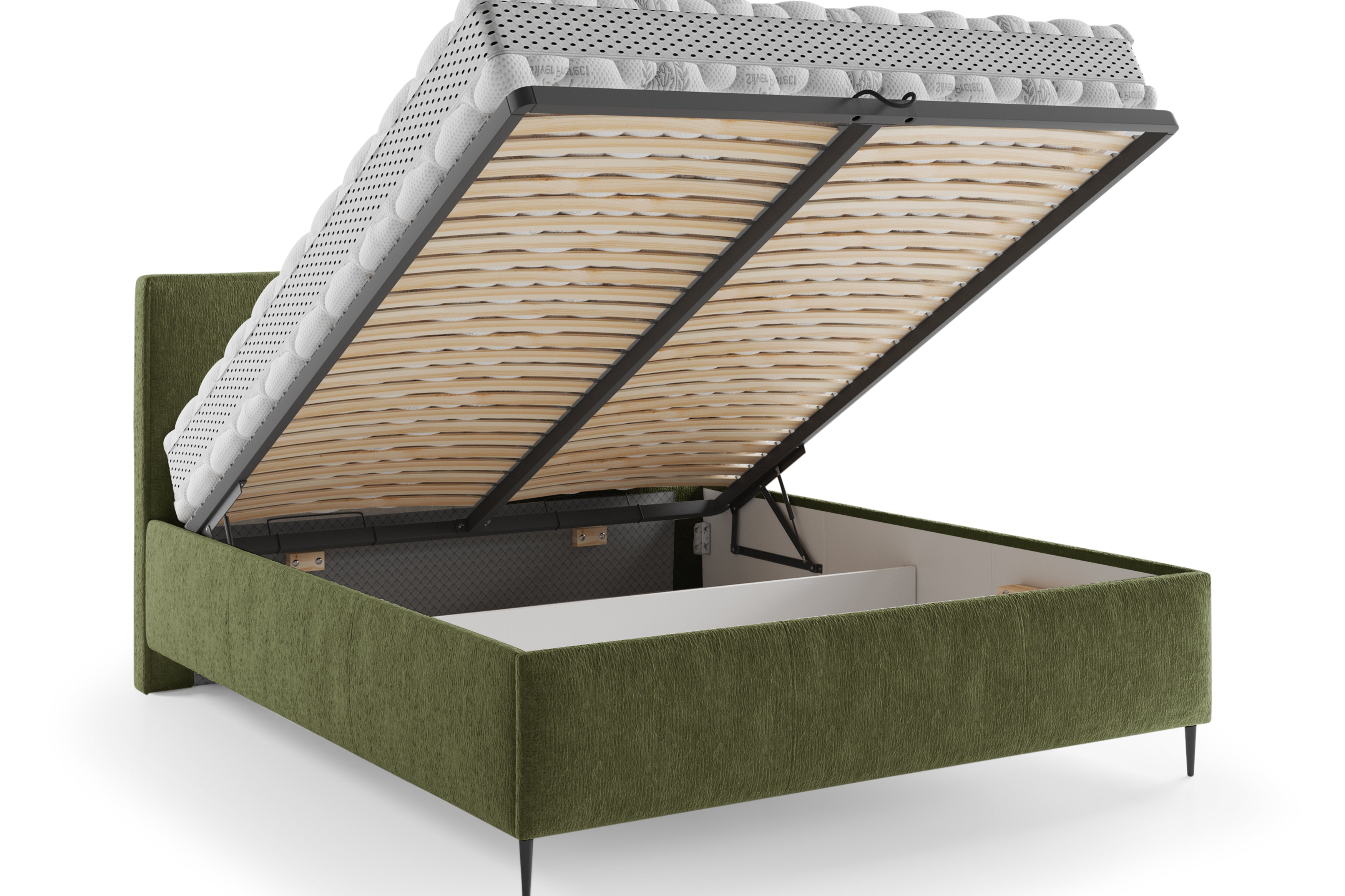 Lit coffre Yvonne le Tac 180x200 en tissu chenille vert olive Paname Avenue, coffre de rangement ouvert sur fond blanc

