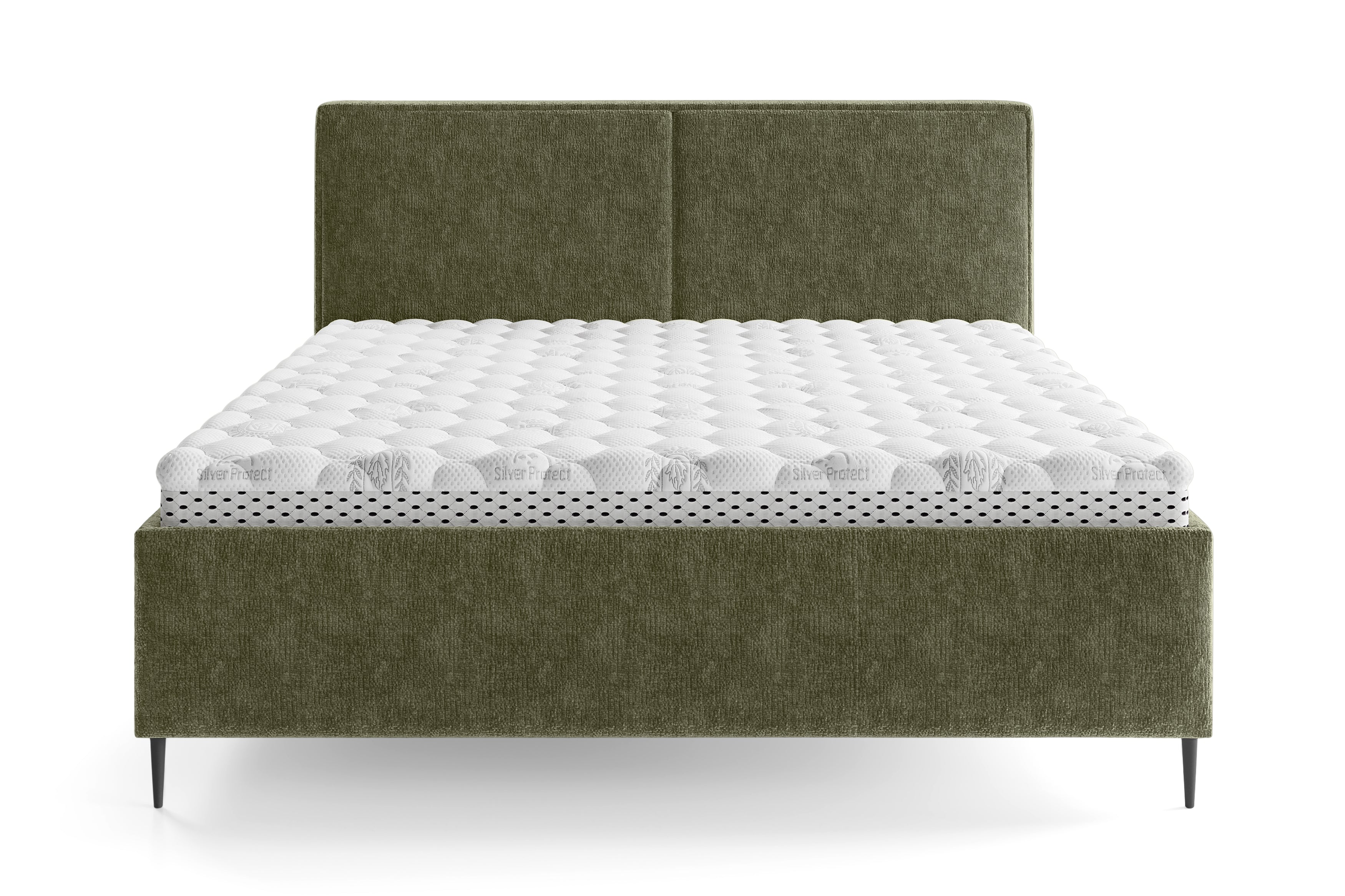 Lit coffre Yvonne le Tac 180x200 en tissu chenille vert olive Paname Avenue, vue de face sur fond blanc
