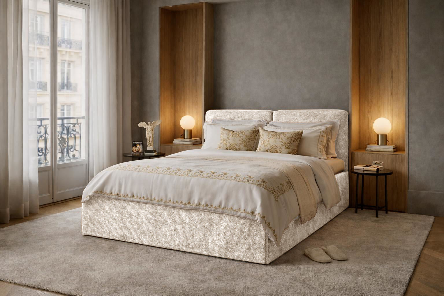 Lit coffre Arbre-Sec en tissu chenille beige Paname Avenue dans un décor inspire au quartier parisien