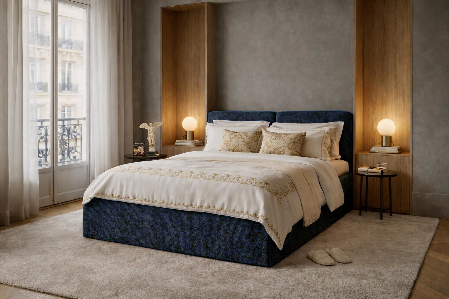 Lit coffre Arbre-Sec en tissu chenille bleu Paname Avenue dans un décor inspiré de Paris