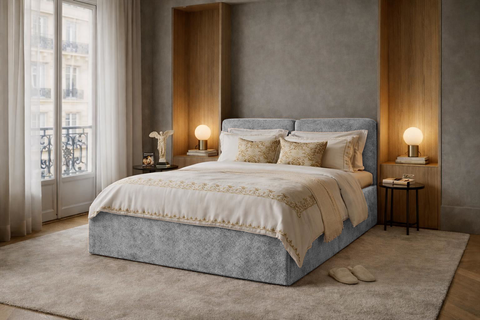 Lit coffre Arbre-Sec en tissu chenille gris Paname Avenue dans un décor inspiré de Paris