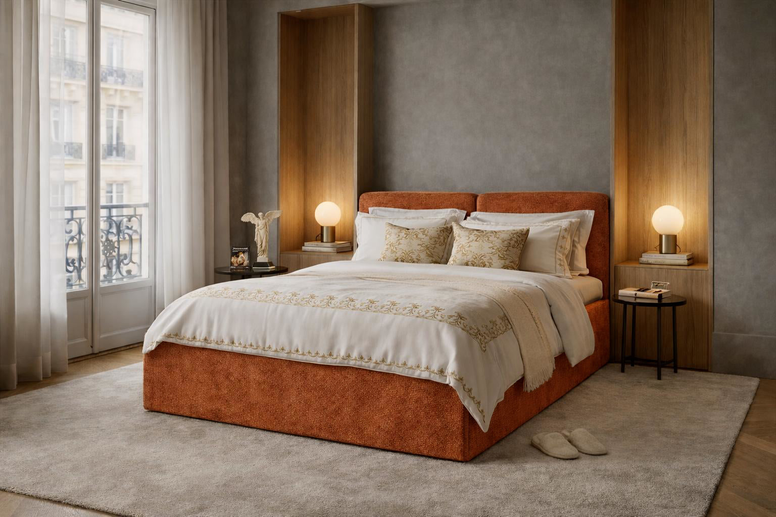 Lit coffre Arbre-Sec en tissu chenille terracotta Paname Avenue dans un décor inspiré de Paris
