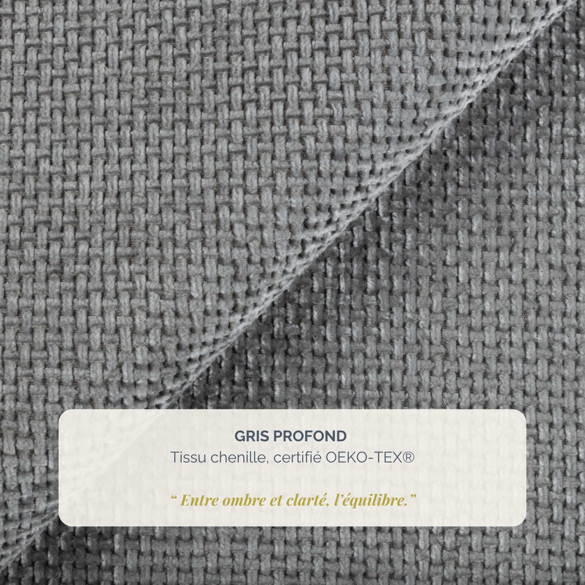 Lit coffre Arbre-Sec en tissu chenille gris Paname Avenue, détail de la texture du revêtement
