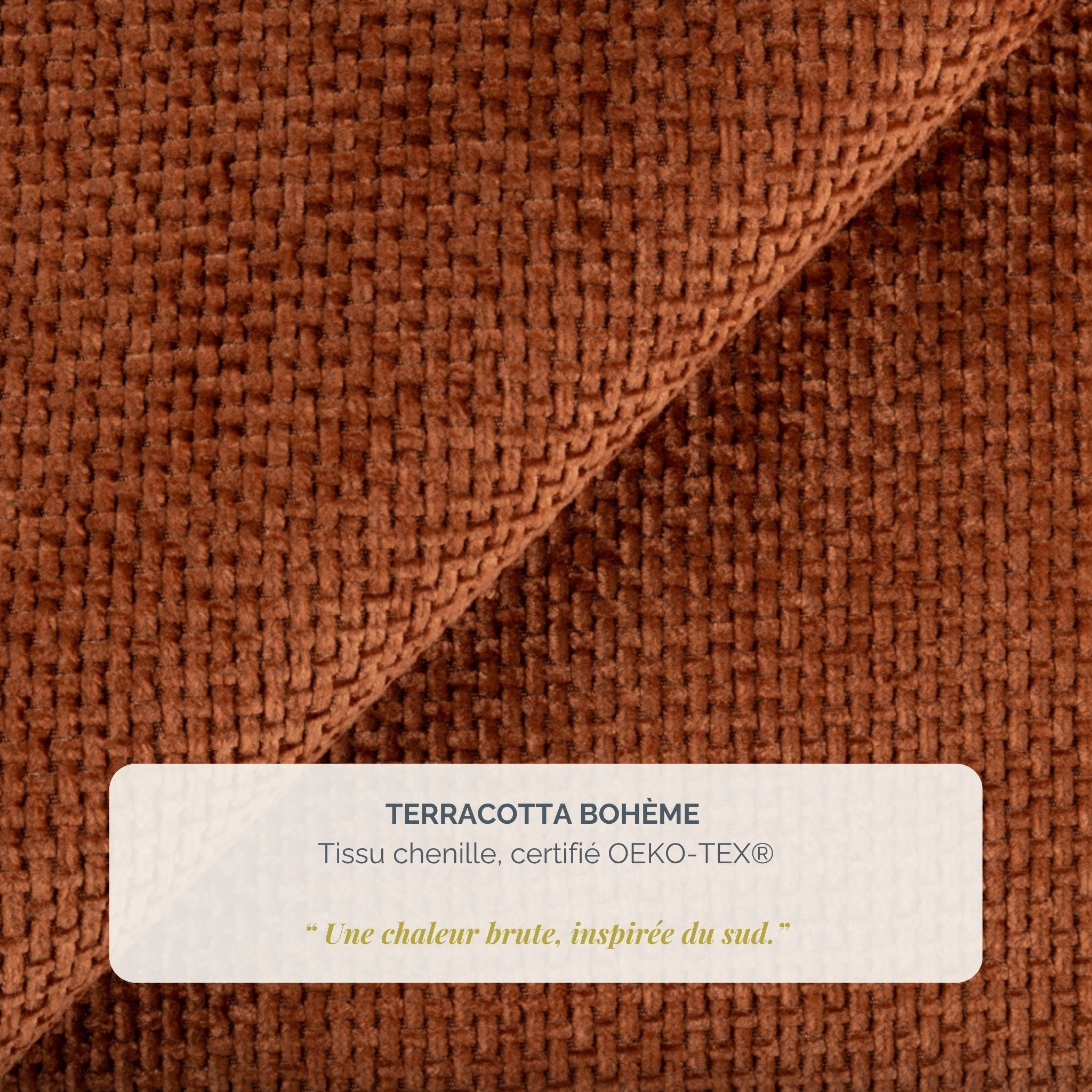 Lit coffre Arbre-Sec en tissu chenille terracotta Paname Avenue, détail de la texture du revêtement