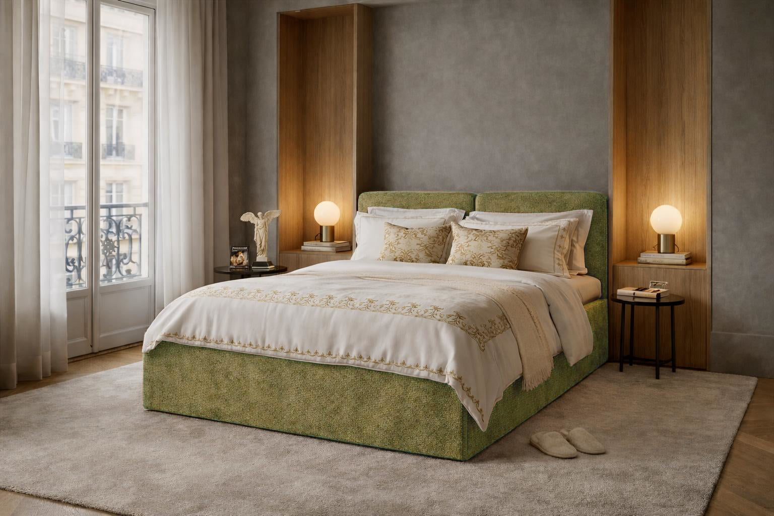 Lit coffre Arbre-Sec en tissu chenille vert Paname Avenue dans un décor inspiré de Paris