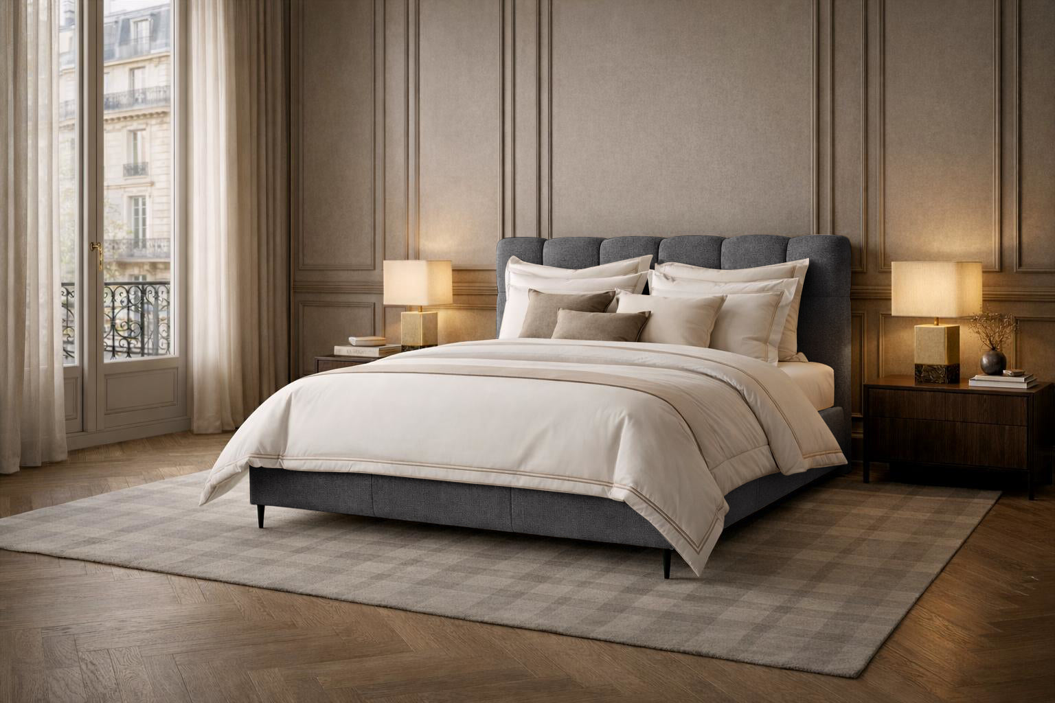 Lit coffre Four en tissu chenille anthracite Paname Avenue dans un décor parisien