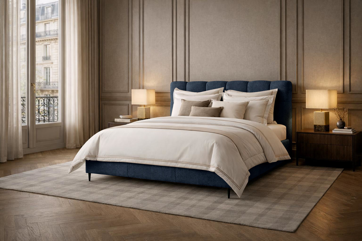 Lit coffre Four en tissu chenille bleu Paname Avenue dans un décor parisien