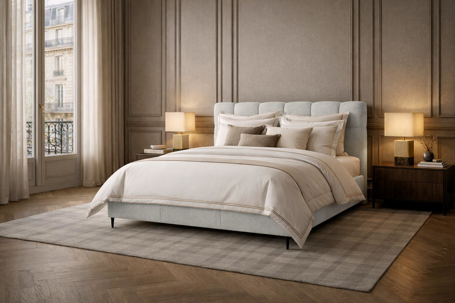Lit coffre Four en tissu chenille gris clair Paname Avenue dans un décor parisien
