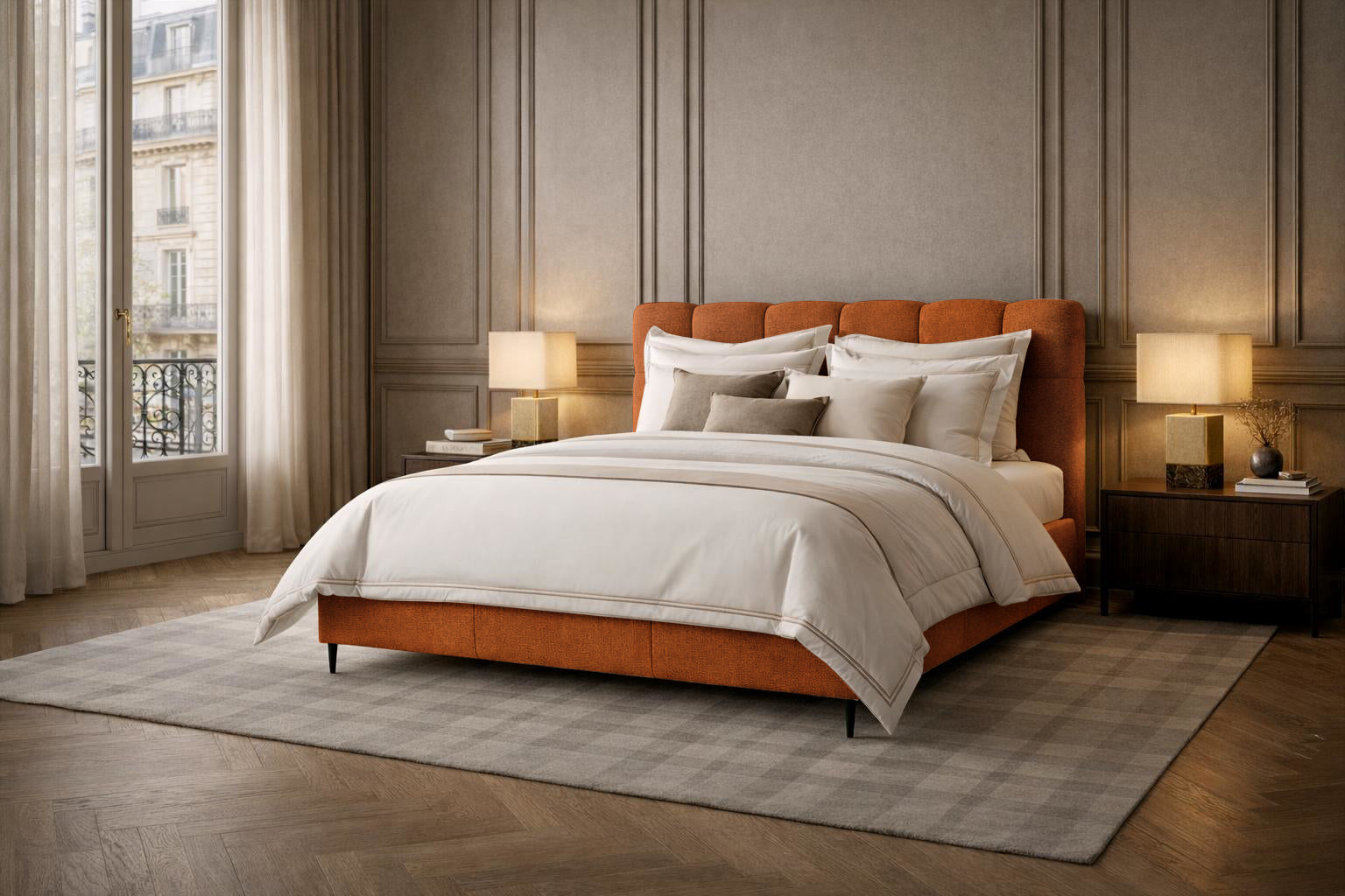 Lit coffre Four en tissu chenille terracotta Paname Avenue dans un décor parisien