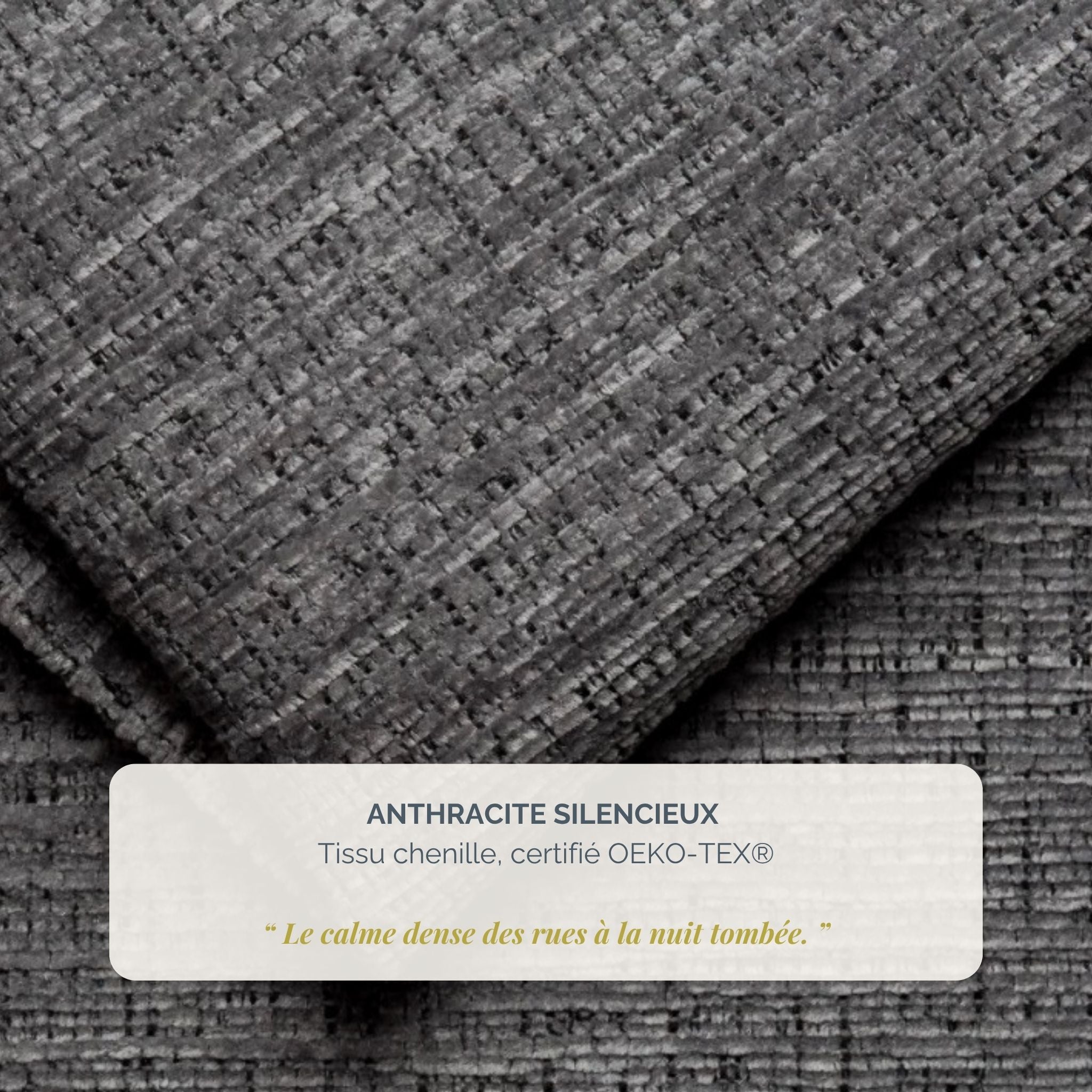 Lit coffre Four en tissu chenille anthracite Paname Avenue, détail de la texture du revêtement