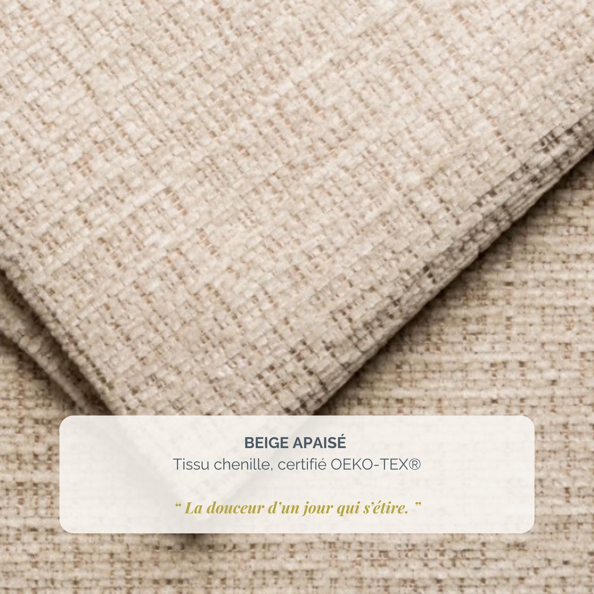 Lit coffre Four en tissu chenille beige Paname Avenue, détail de la texture du revêtement